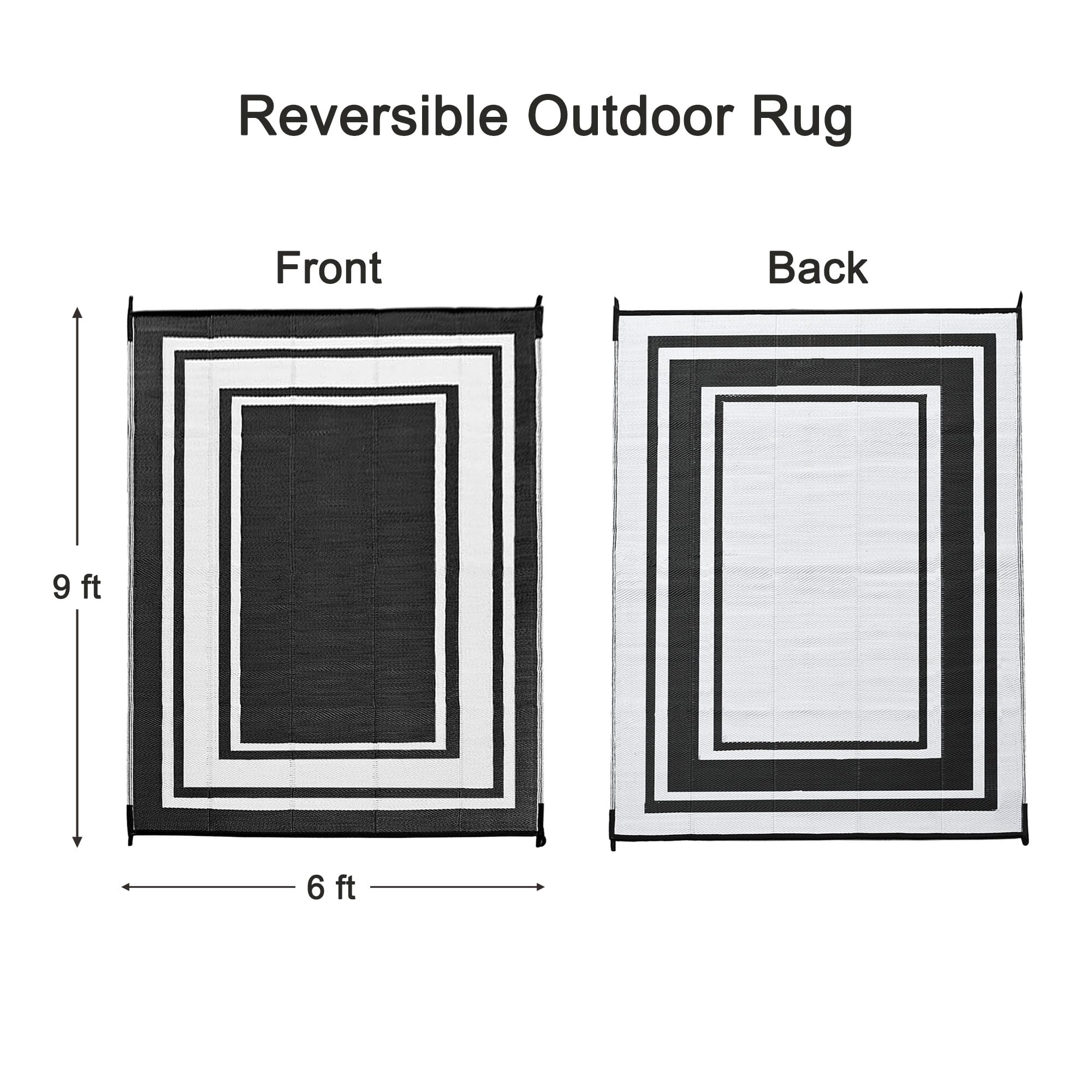 Rurality Outdoor Rugs 6X9 Waterproof For Patios Clearance,Plastic Straw Mats For Backyard,Porch,Deck,Balcony,Reversible,Black And White