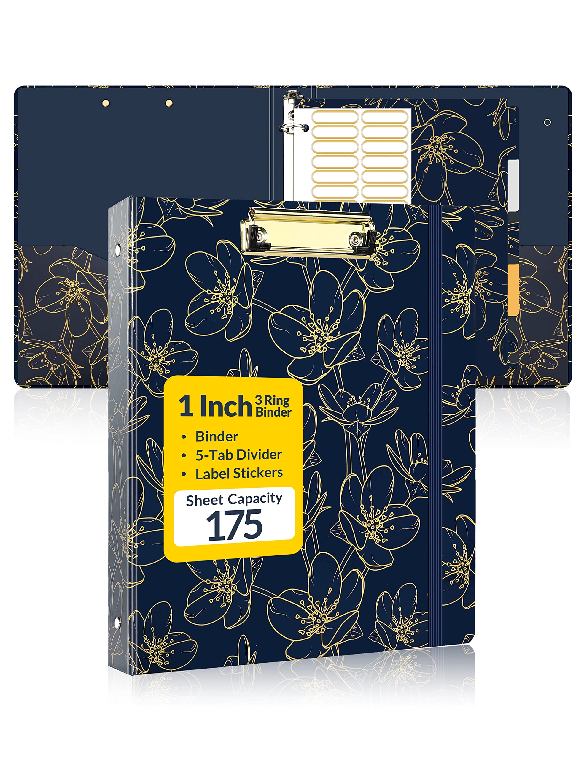 Sunee 3 Ring Binder 1 Inch, Cute Clipboard Binder With 2 Pockets, 5 Tab Dividers, Decorative Three Ring Binder (Gold Rose On Nav