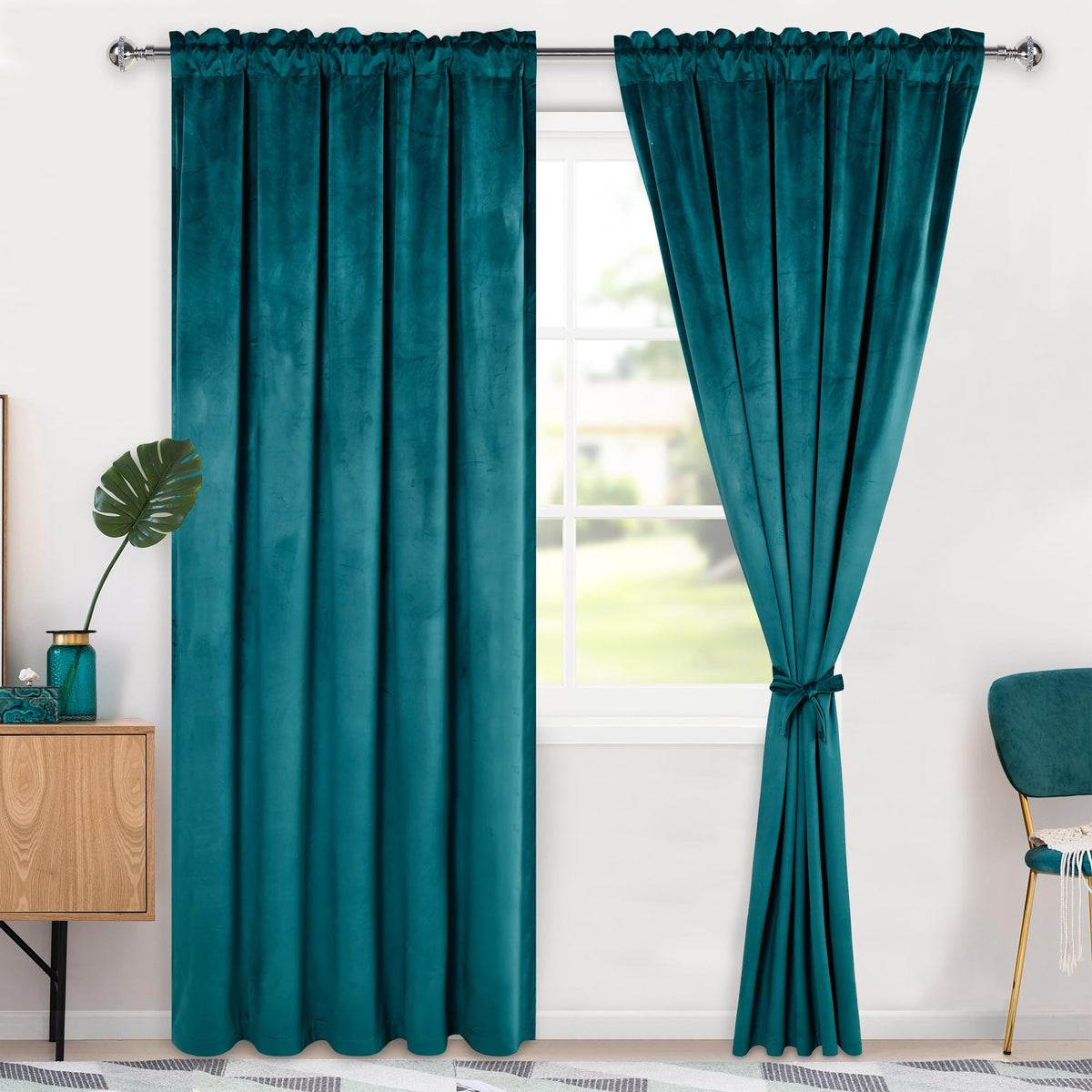 Hiasan Teal Velvet Curtains 84 Inches-Blackout Thermal Insulated Solid Soft Curtains For Bedroom Living Room Rod Pocket Room Dar