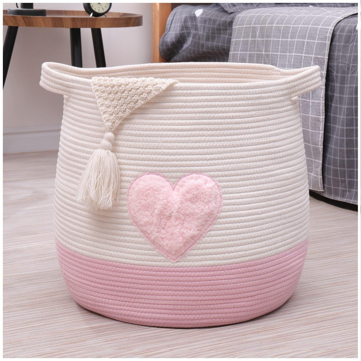 childishness ndup Large Cotton Rope Basket, Woven Storage Basket for Toy, Pink Laundry and Blanket Organizer Basket, Round Hampe
