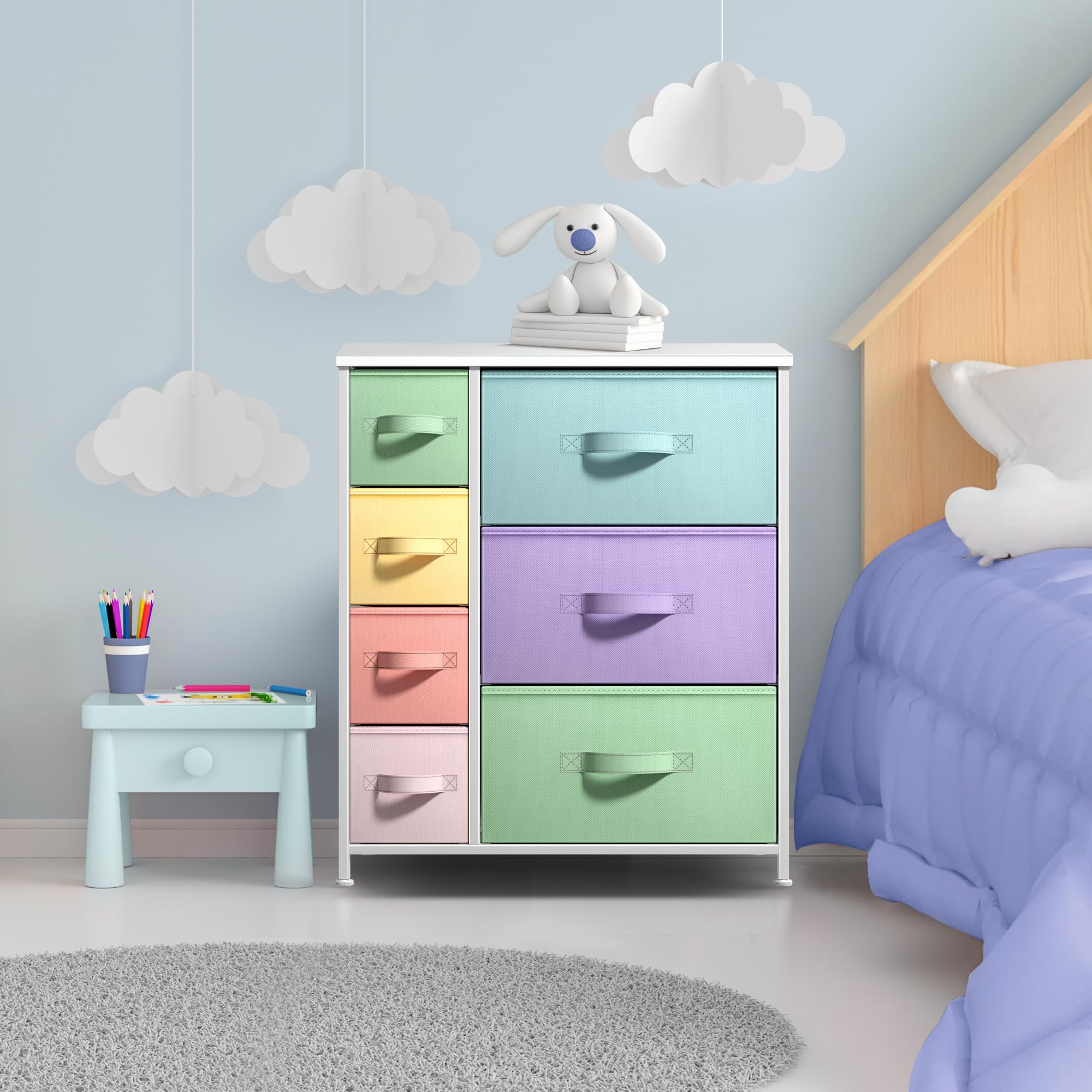 Sorbus Nightstand With 7 Drawers - Bedside Furniture & Night Stand End Table Dresser For Home, Bedroom Accessories, Office, College Dorm, Steel Frame, Wood Top (7-Drawer, Pastel/White)