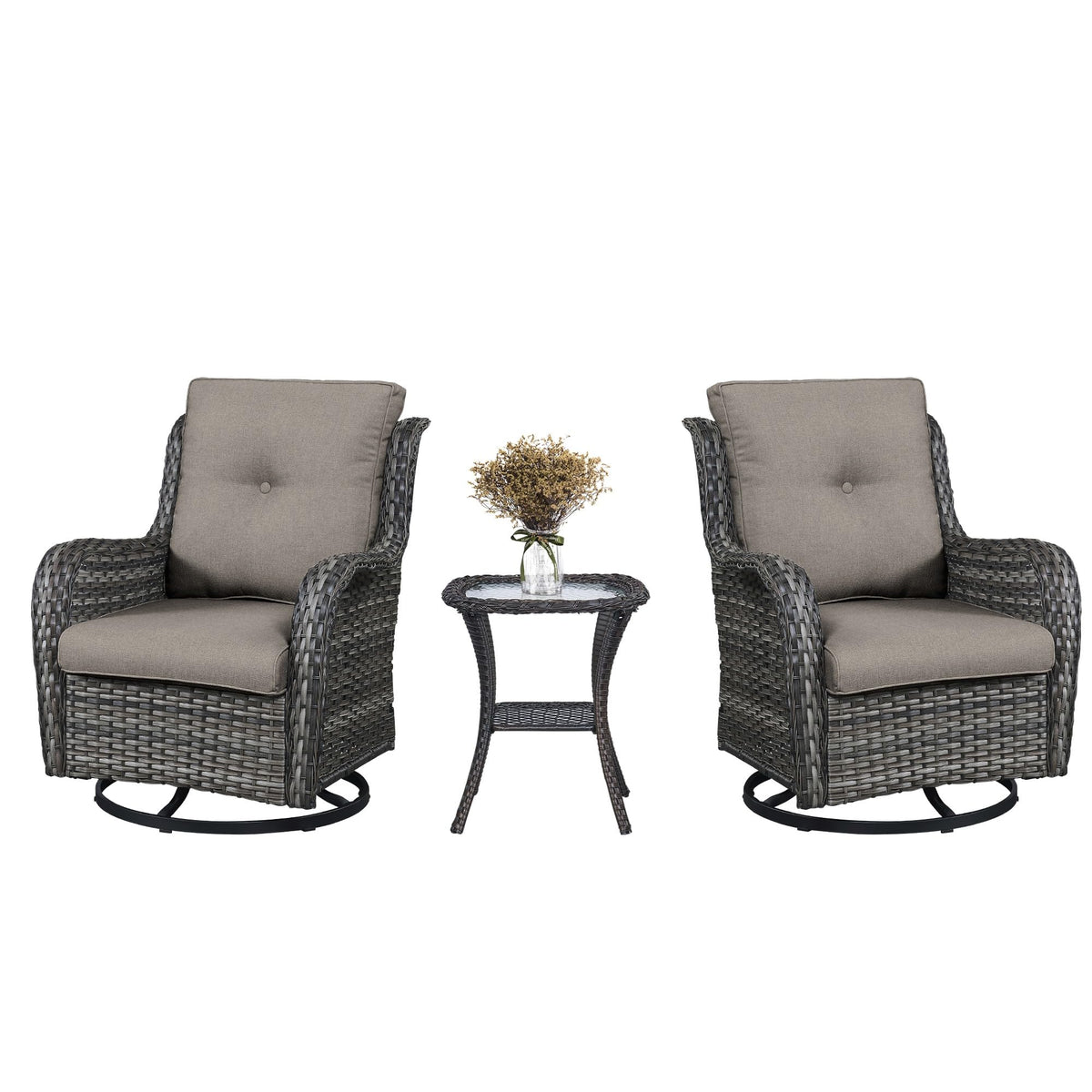 Belord 3 Pcs Patio Furniture Set - Mixed Grey Wicker Swivel Rocking Chair Set With Side Table