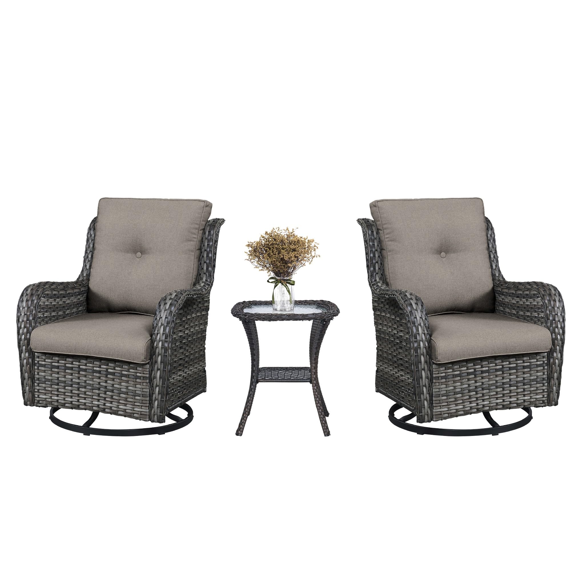 Belord 3 Pcs Patio Furniture Set - Mixed Grey Wicker Swivel Rocking Chair Set With Side Table