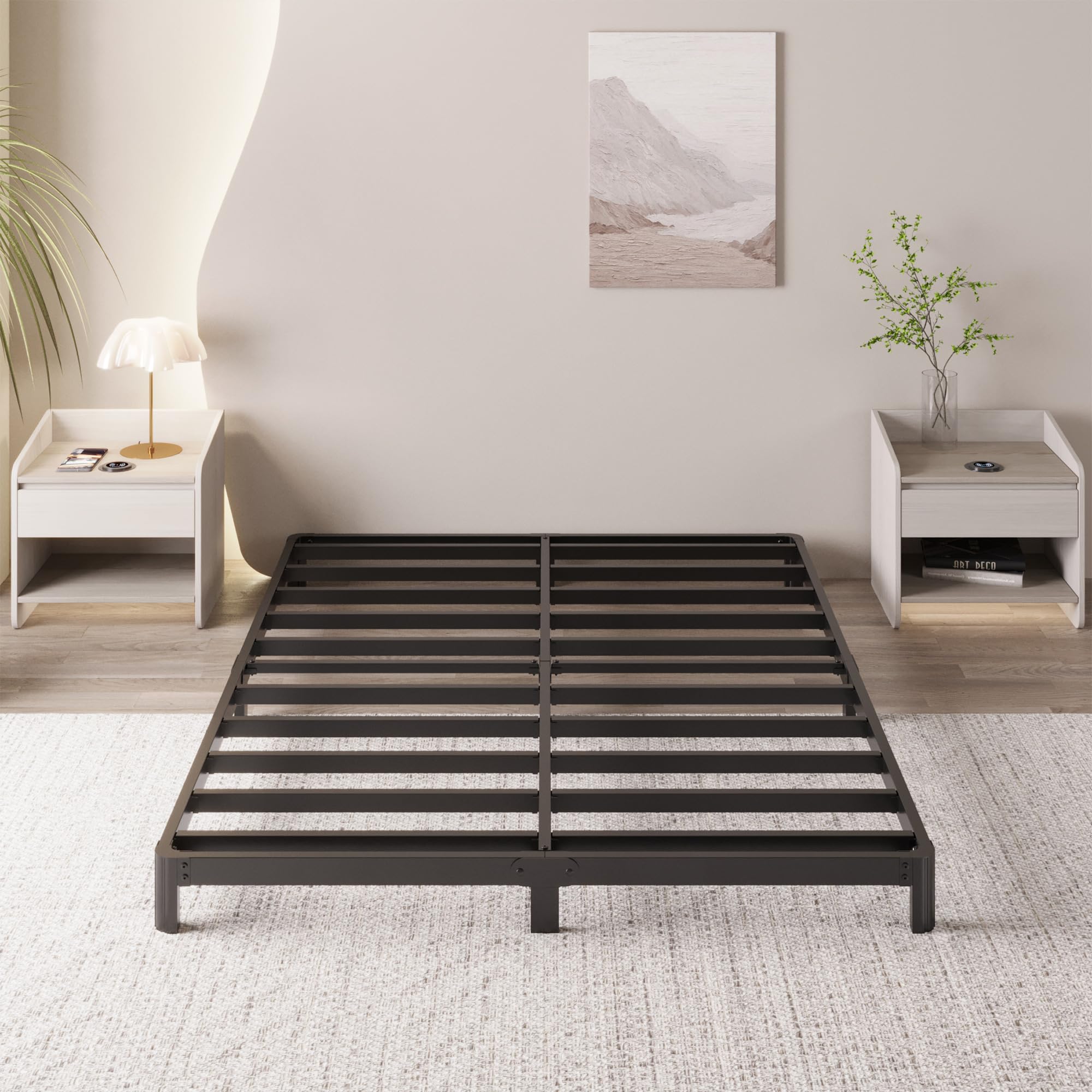 Yicensen 4 Inch Low Bed Frame Queen Rounded Corner No Box Spring Needed, Heavy Duty Metal Queen Size Platform Bed Frame, Easy As