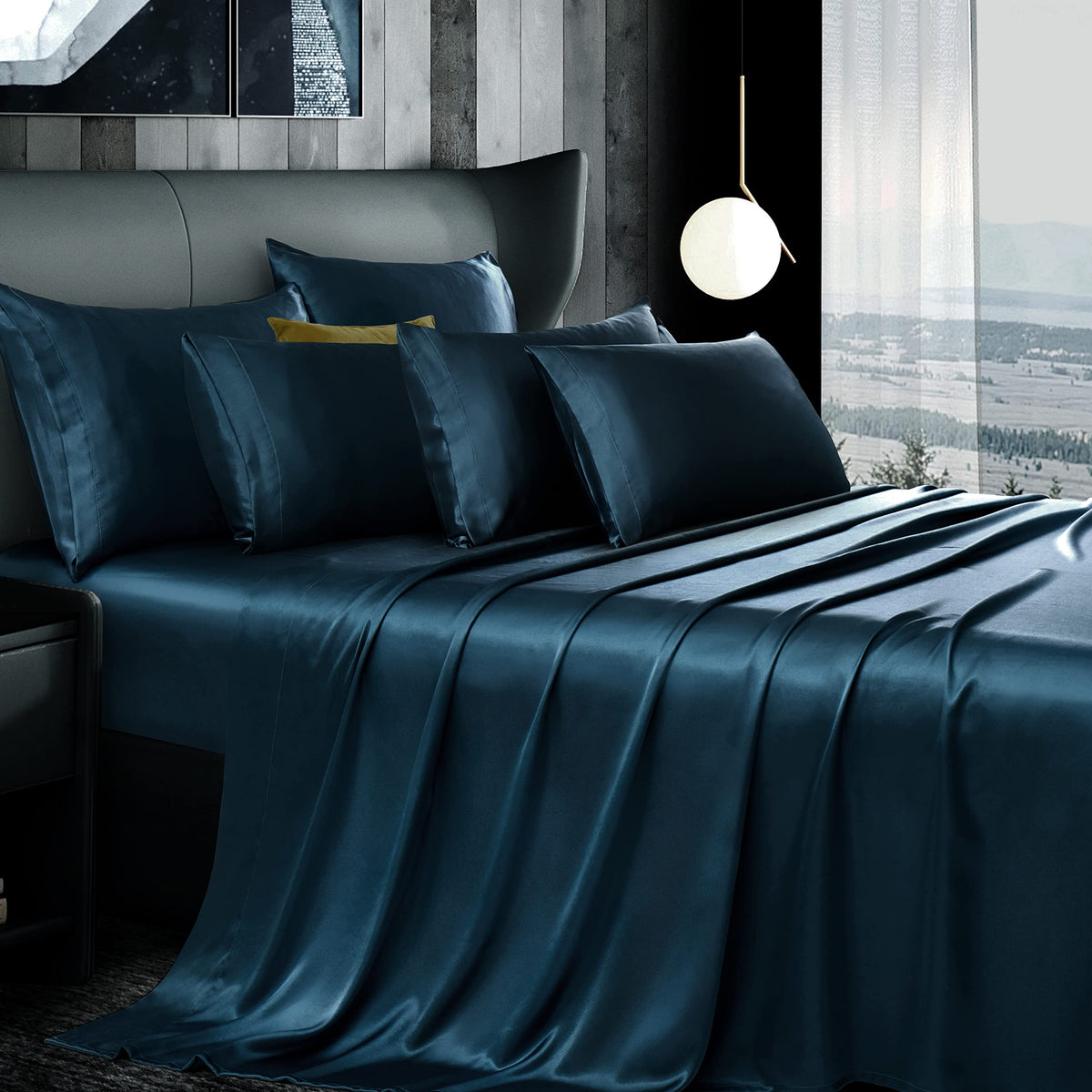 Manyshofu 7Pcs Navy Satin Sheets King Size Silky Satin Bed Sheets Set, Luxurious & Soft Satin Bedding Set - 1 Satin Fitted Sheet