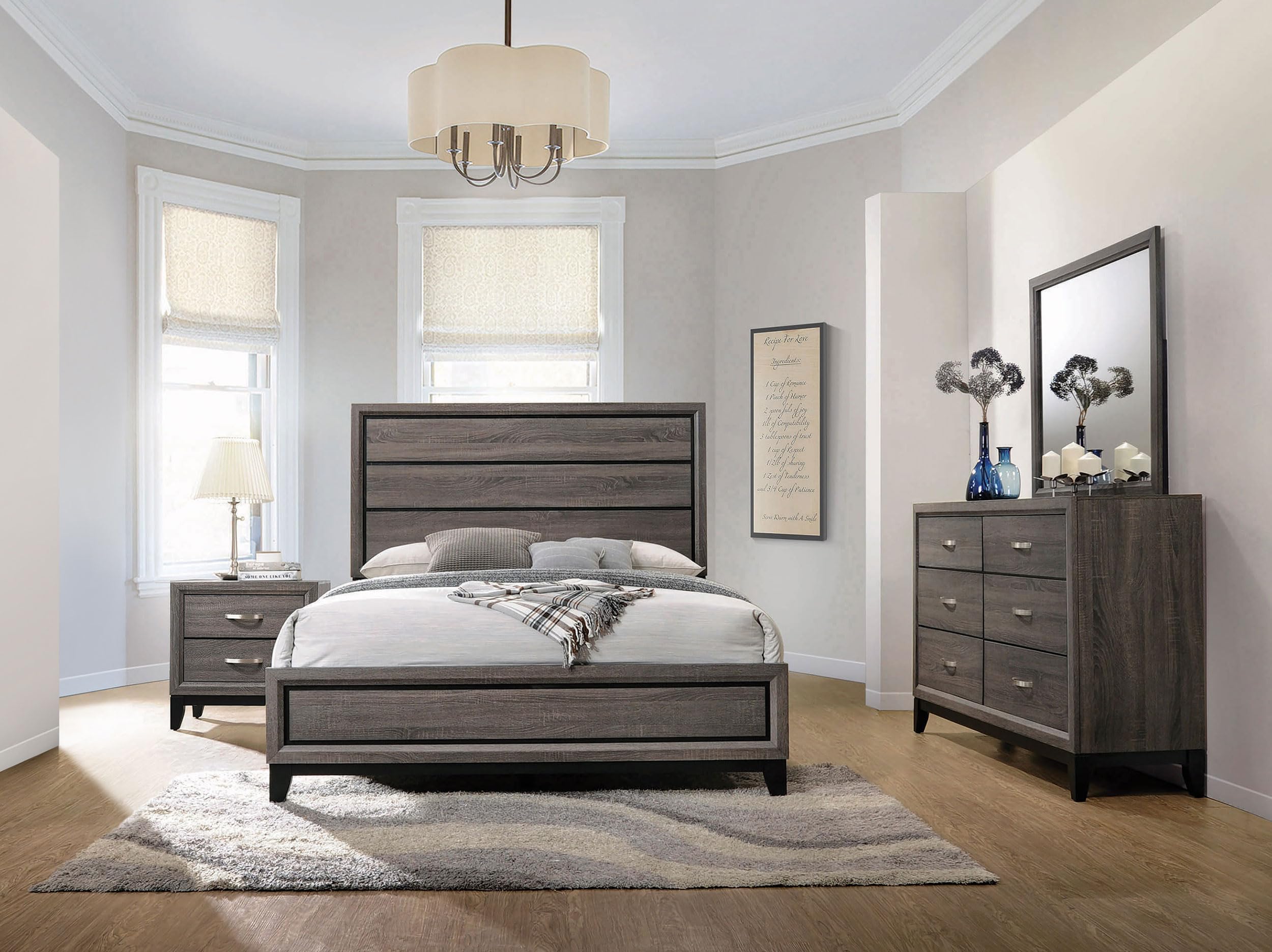 Simple Relax 4 Piece Wooden Eastern King Bedroom Set in Grey Oak and Black