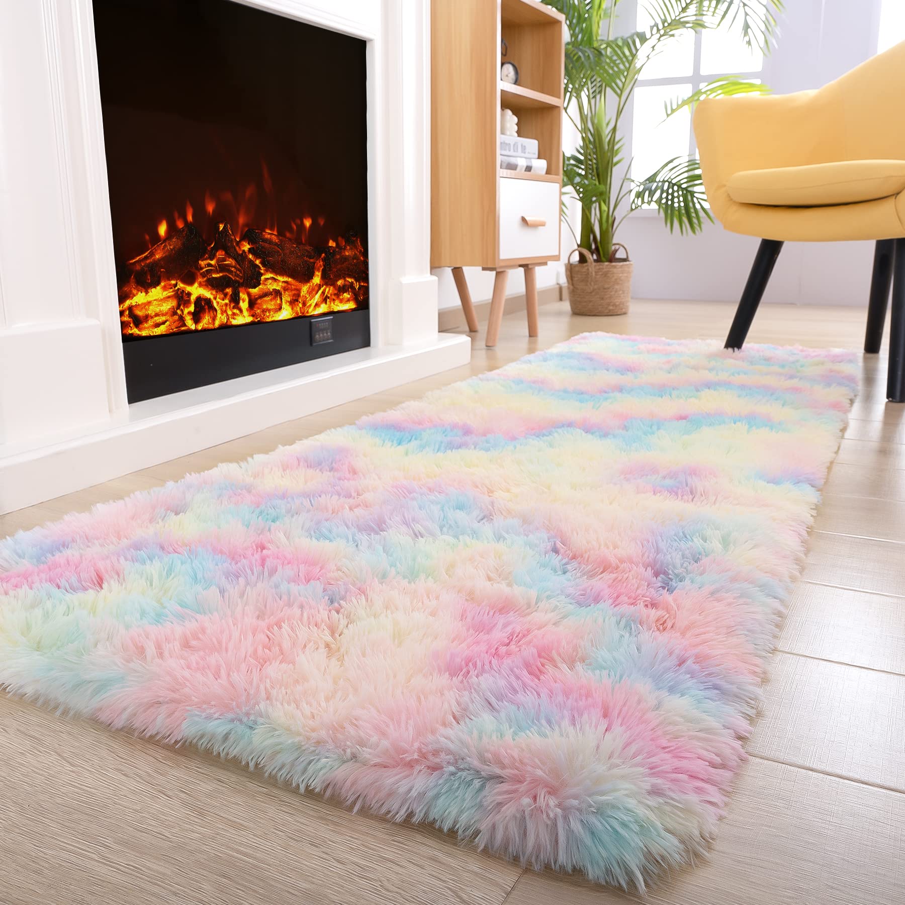 Noahas Fluffy Rainbow Rug for Girls Bedroom, Shaggy Area Rugs for Kids Playroom Kawaii Fuzzy Girls Room Decor Carpets for Nurser