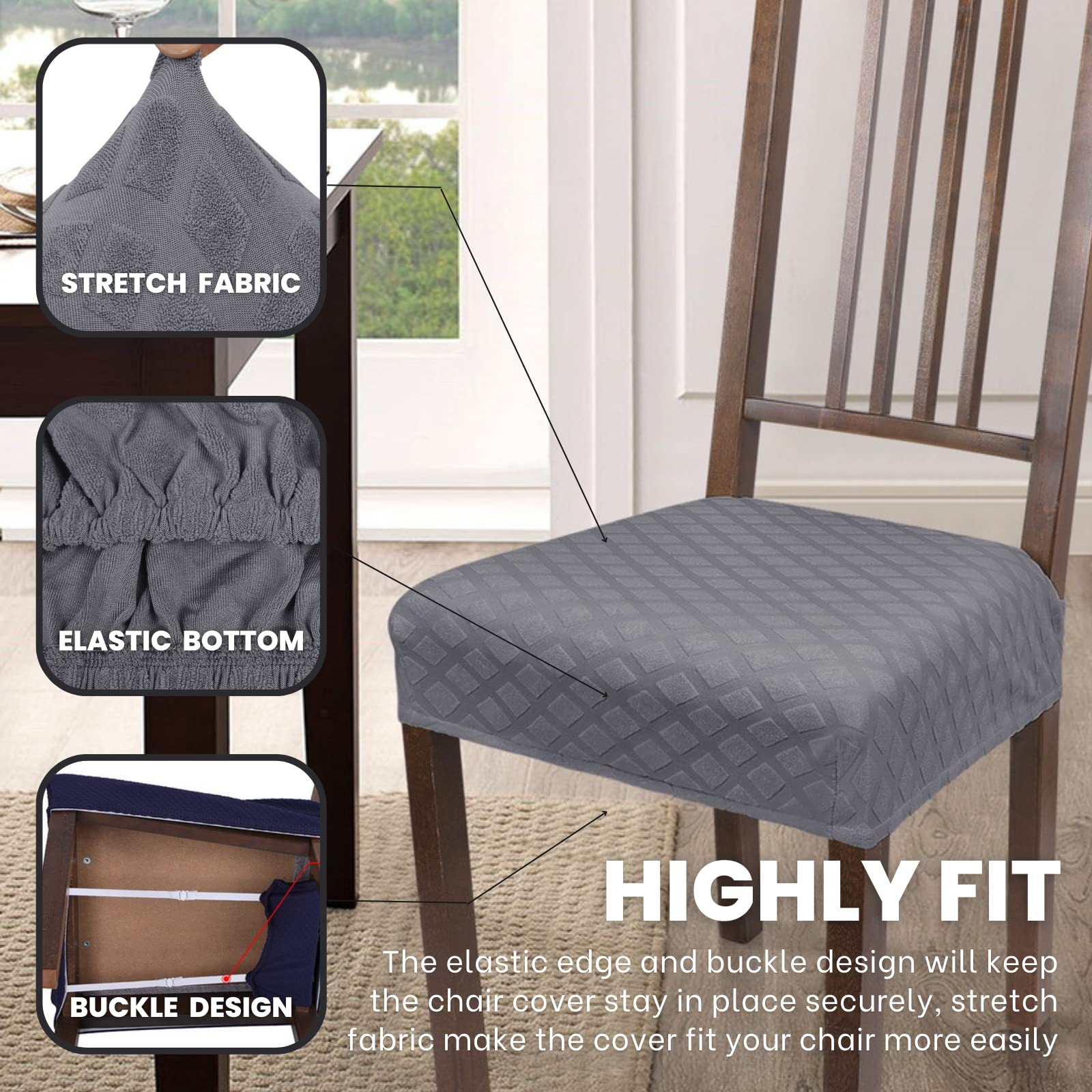Searchi Stretch Dining Chair Seat Covers Set Of 4, Soft Removable Washable Seat Covers For Dining Chairs, Dining Room Seat Cover Slipcover Protector (Rear-Covered, Grey Diamond Jacquards)