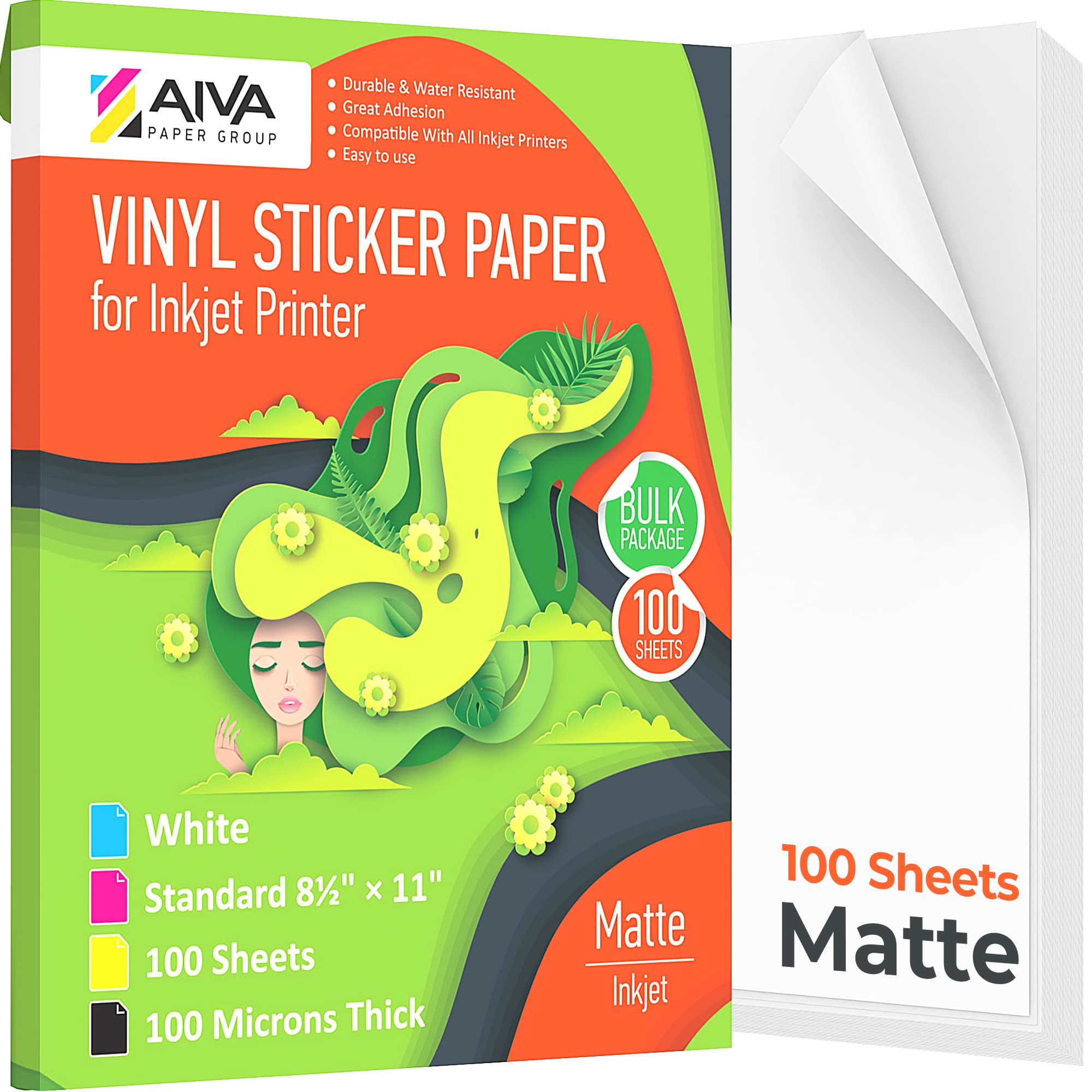 Printable Vinyl Sticker Paper For Inkjet Printer - Matte White - 100 Self-Adhesive Sheets - Waterproof Decal Paper - Standard Le