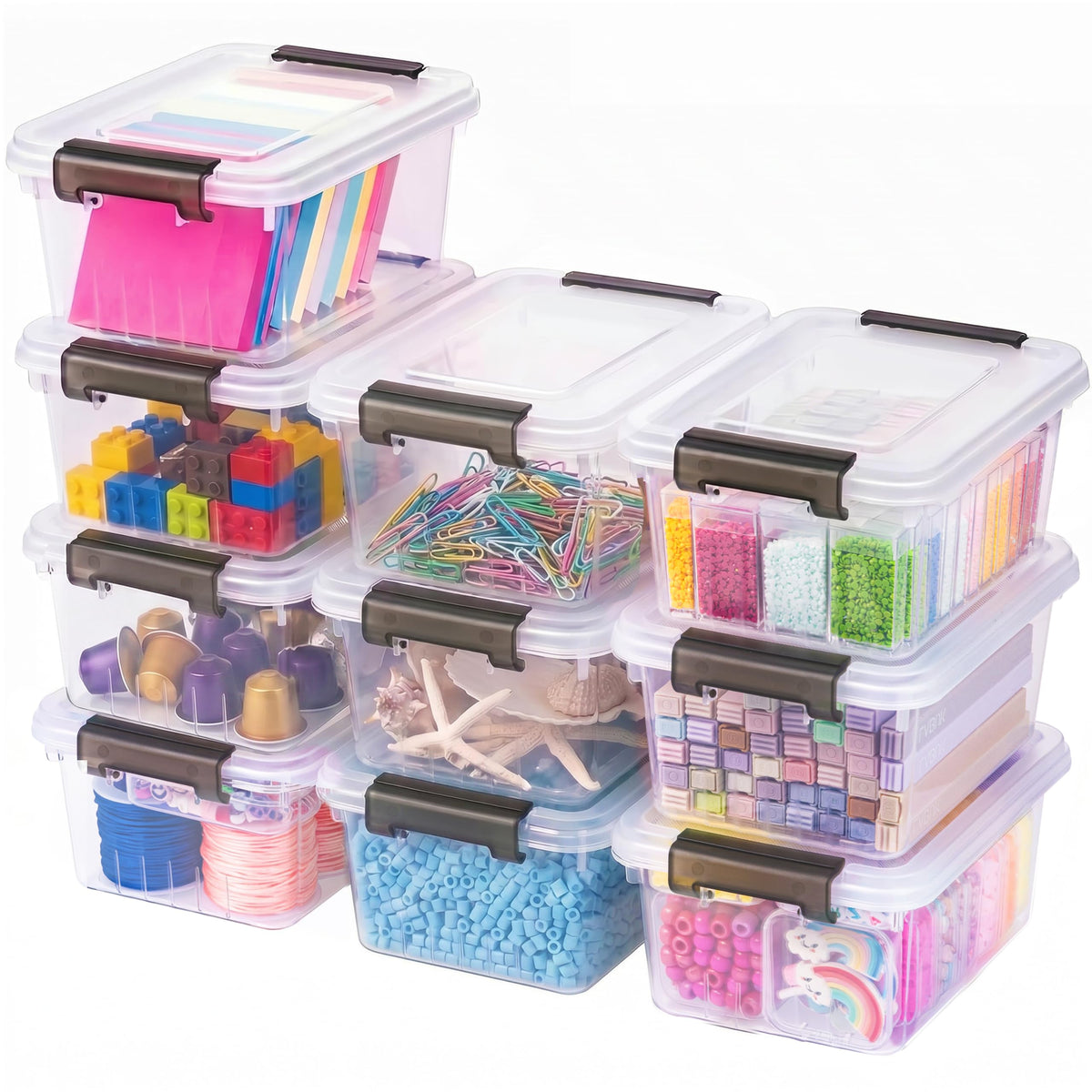 Small Storage Bins with Lids 10 Pack 1.3Qt Clear Stackable Containers Boxes