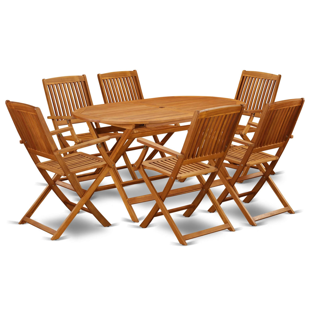 East West Furniture Dicm7Cana Diboll 7 Piece Patio Garden Set Consist Of An Oval Outdoor Acacia Wood Dining Table And 6 Folding Arm Chairs, 36X60 Inch, Natural Oil