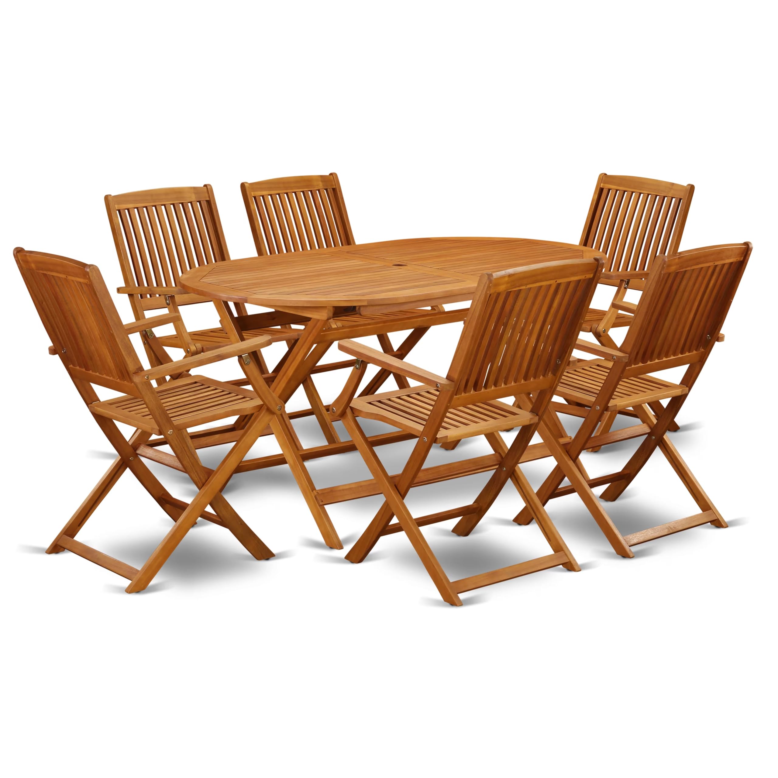 East West Furniture Dicm7Cana Diboll 7 Piece Patio Garden Set Consist Of An Oval Outdoor Acacia Wood Dining Table And 6 Folding Arm Chairs, 36X60 Inch, Natural Oil