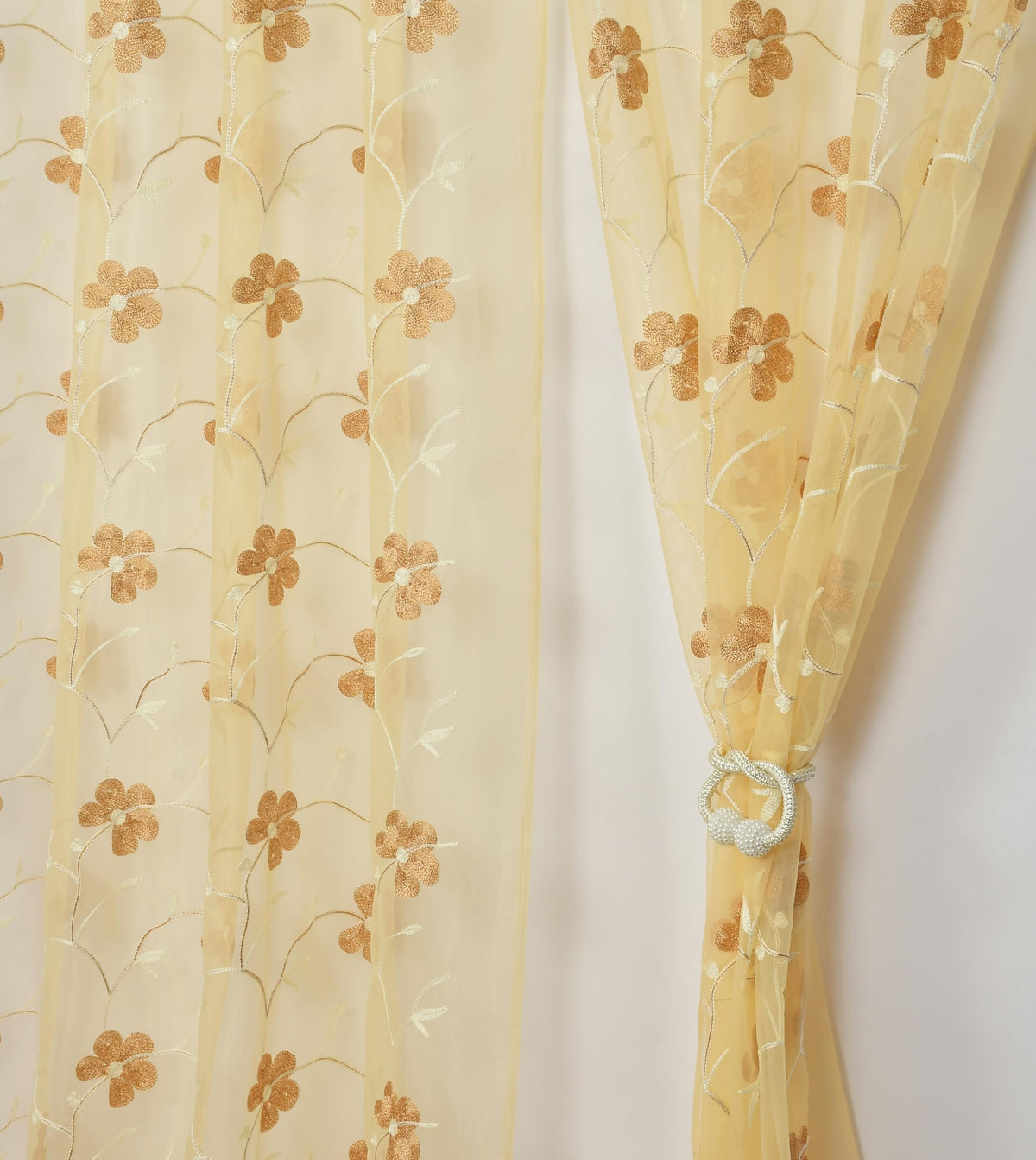 Homefab India Embroidery Floral Net Transparent Sheer Curtain  7X4 Feet, Door Curtains, Beige, Pack of 2 Pcs