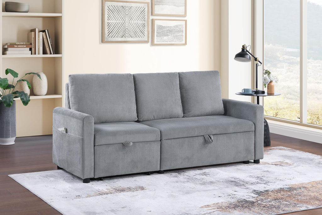 Lilola Home Oswin 70' W Gray Corduroy Sofa with Pull-Out Chaise, Underseat Storage, Side Pocket
