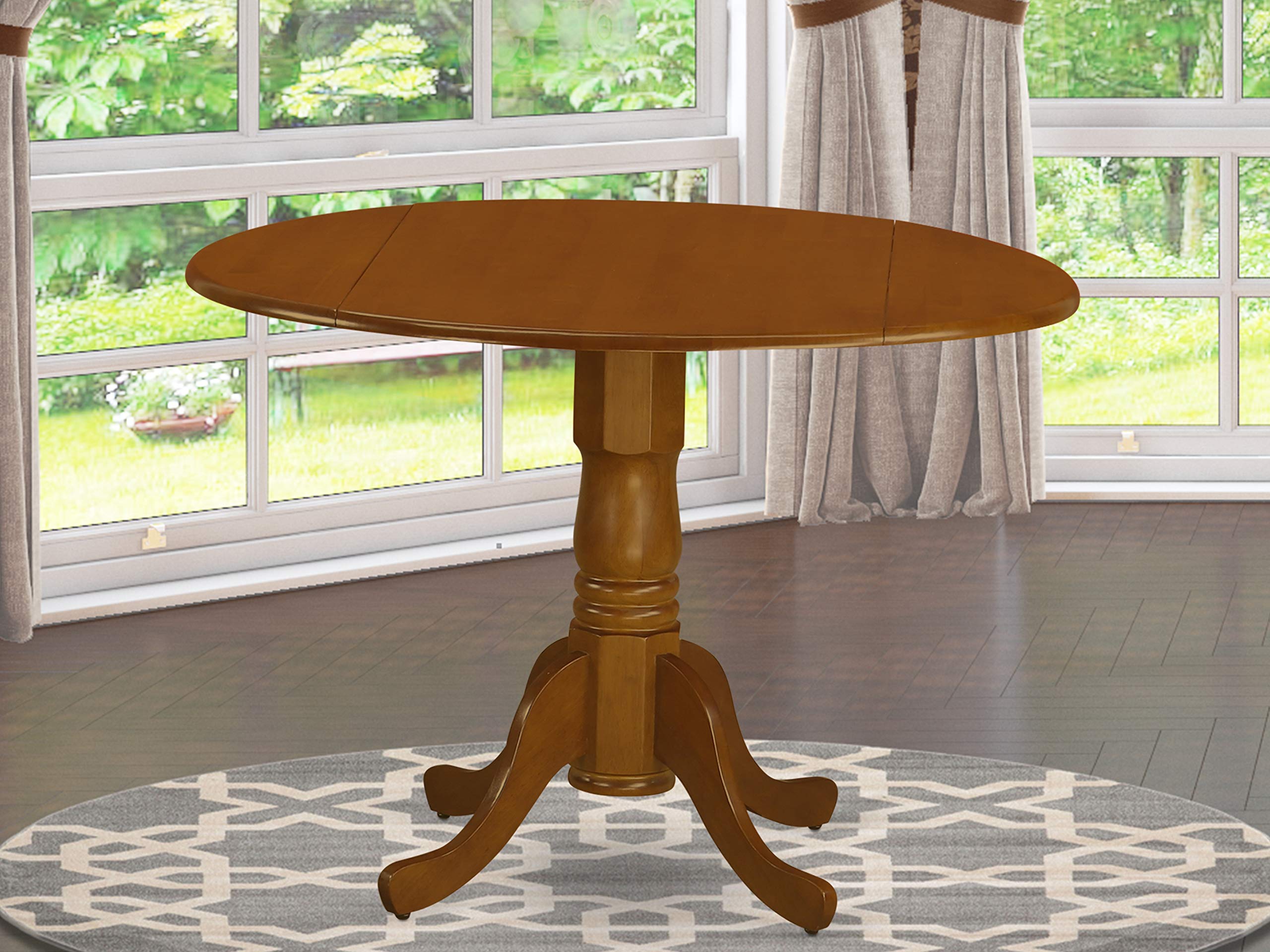 East West Furniture DLT-SBR-TP Dublin Kitchen Dining Table - a Round Wooden Table Top with Dropleaf & Pedestal Base, 42x42 Inch, Saddle Brown