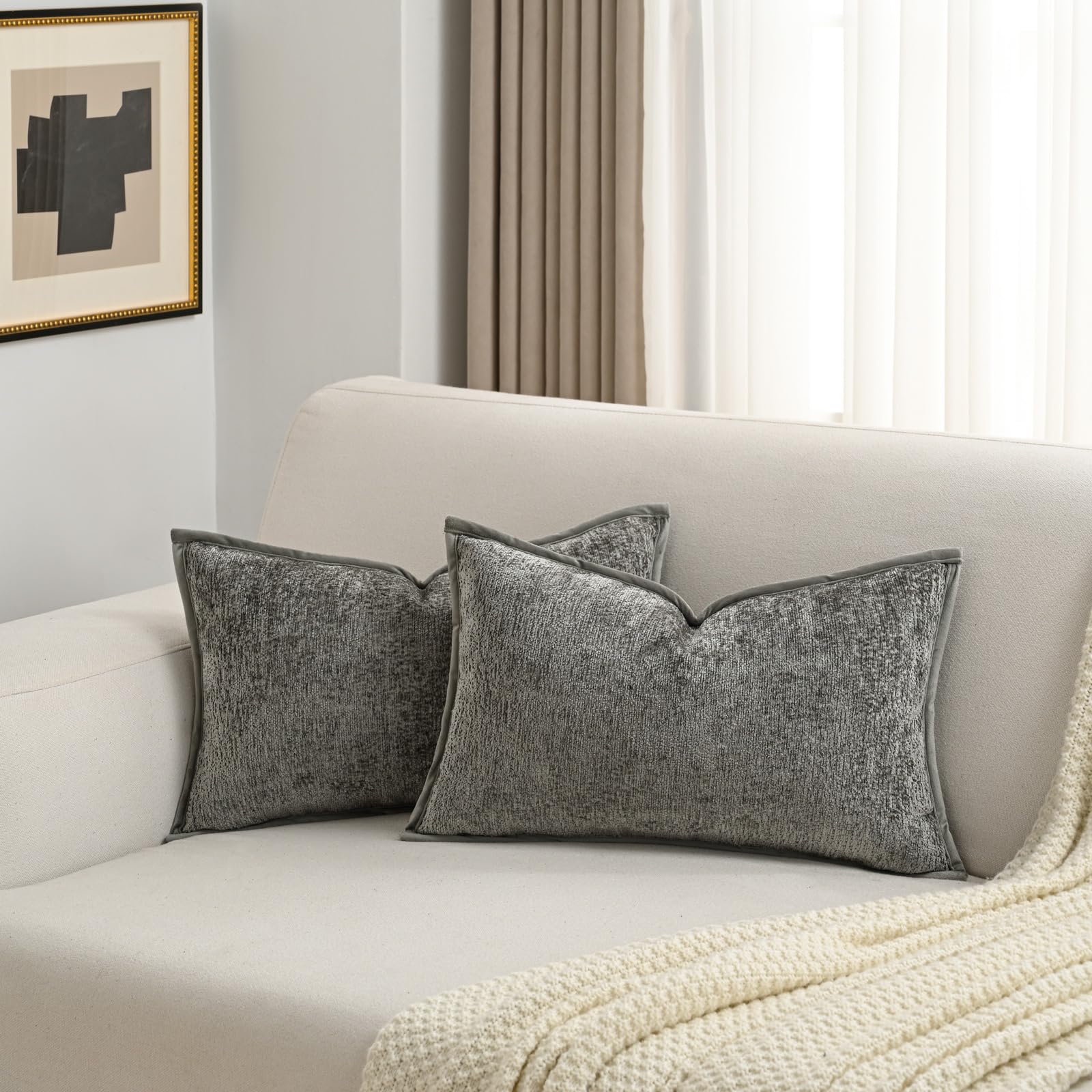 Futei Grey Chenille Throw Pillow Covers 12X20 Inch Set Of 2,Soft Velvet Lumbar Pillow Cases,Home Decor For Couch Bed Living Room