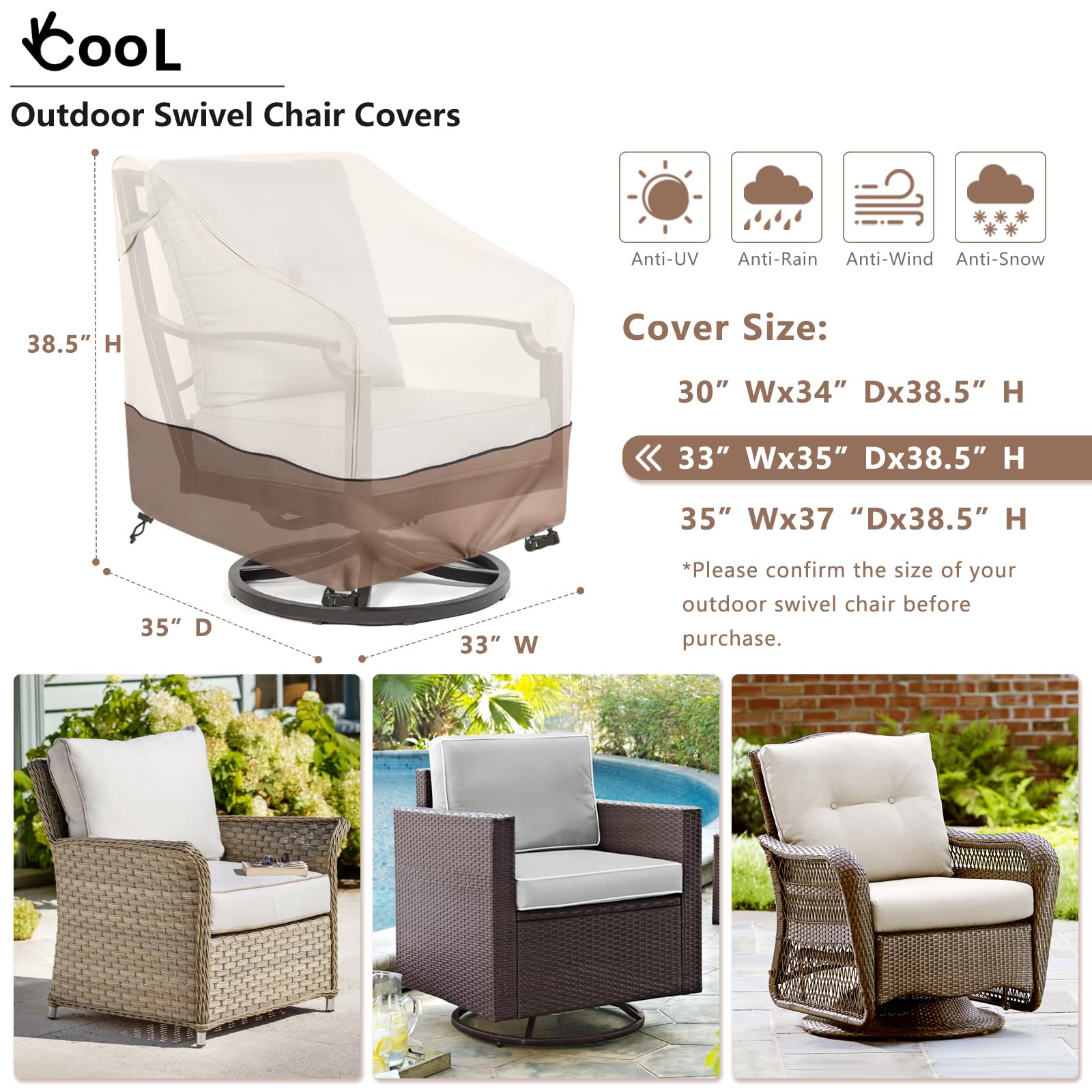 Okcool Outdoor Swivel Chair Cover 2 Pack,Outdoor Furniture Patio Chair Covers Waterproof Clearance,(33'' W X 35'' D X 38.5'' H)