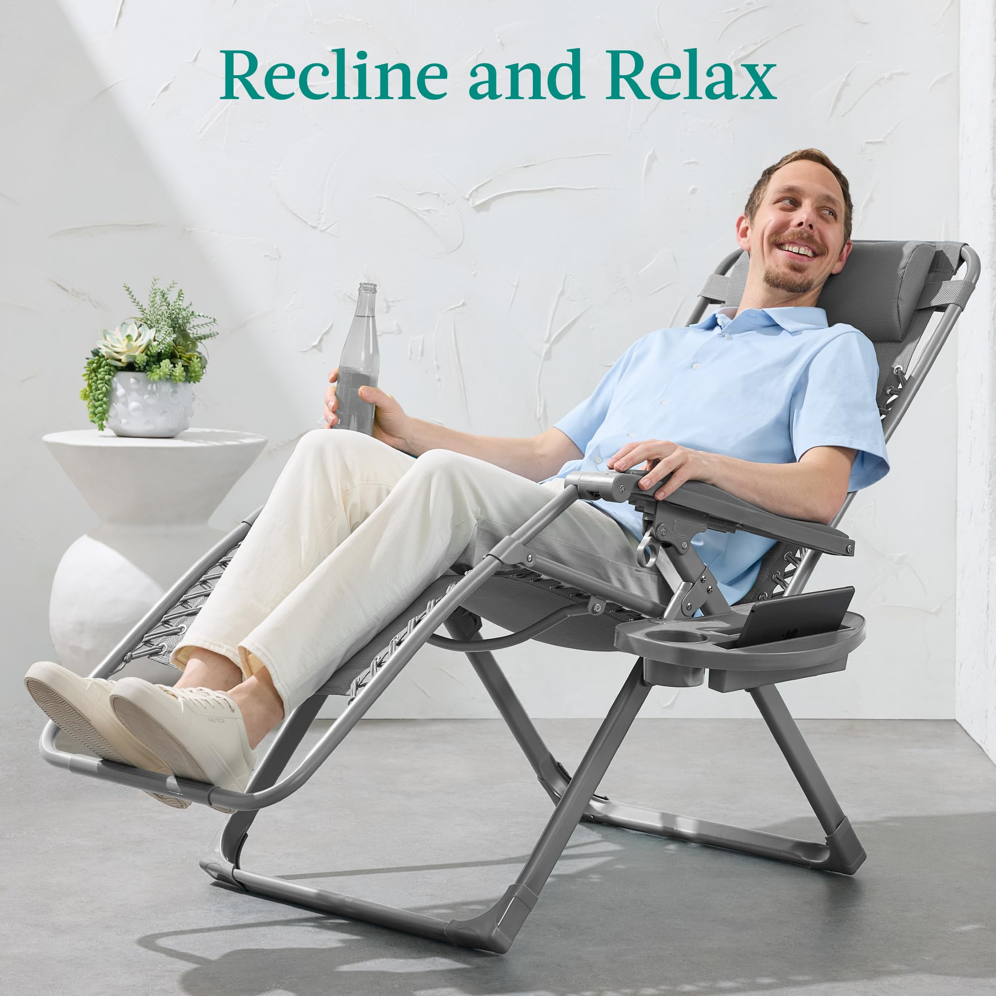Best Choice Products Adjustable Zero Gravity Chair, Monochromatic Color Folding Patio Recliner W/Side Tray, Headrest - Dove Gray