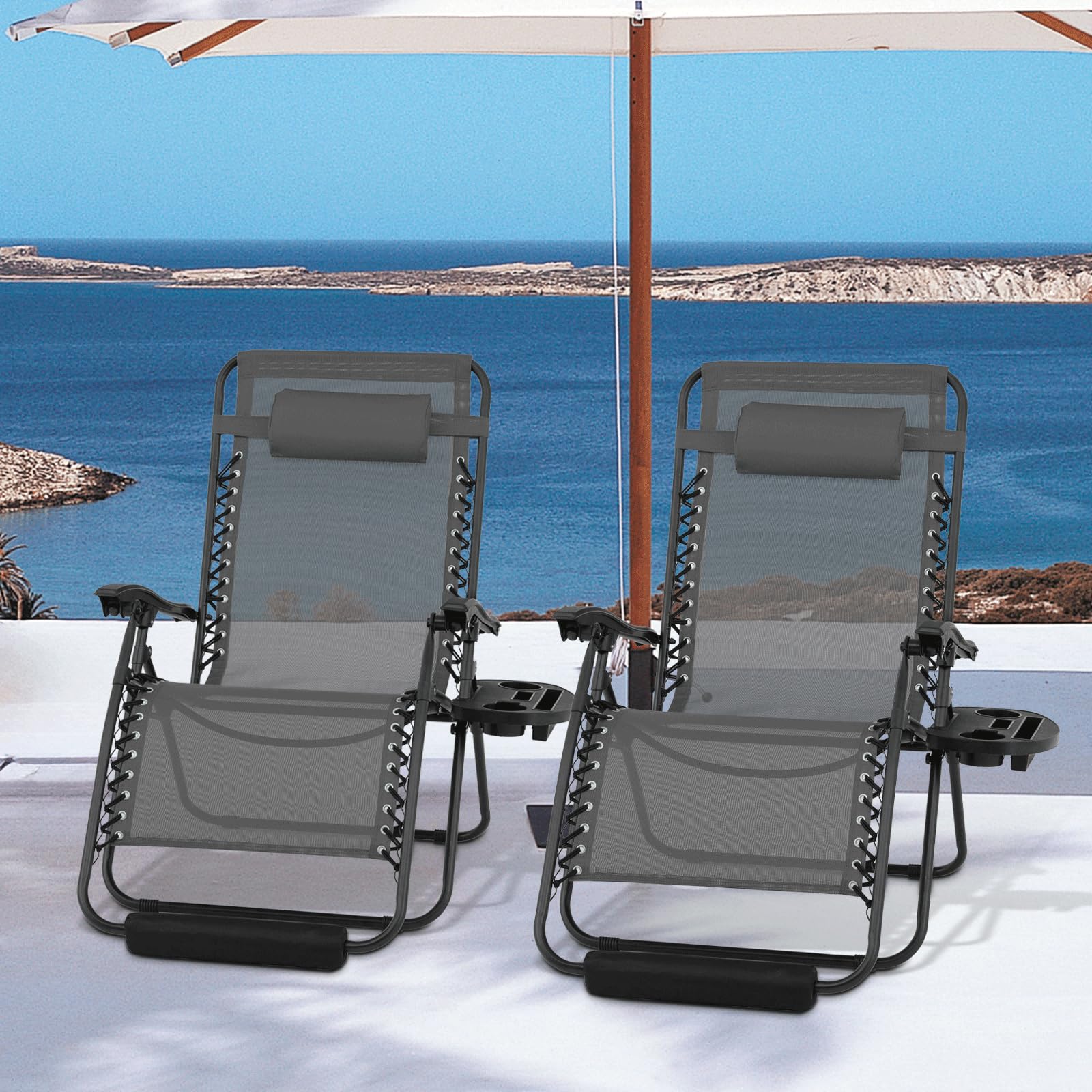Monibloom 29-Inch Oversized Zero Gravity Chairs Set Of 2, Patio Anti Gravity Recliner, Xl Foldable Outdoor Lounger With Cup Holder Tray, Headrest And Footrest For Beach Camping, Grey