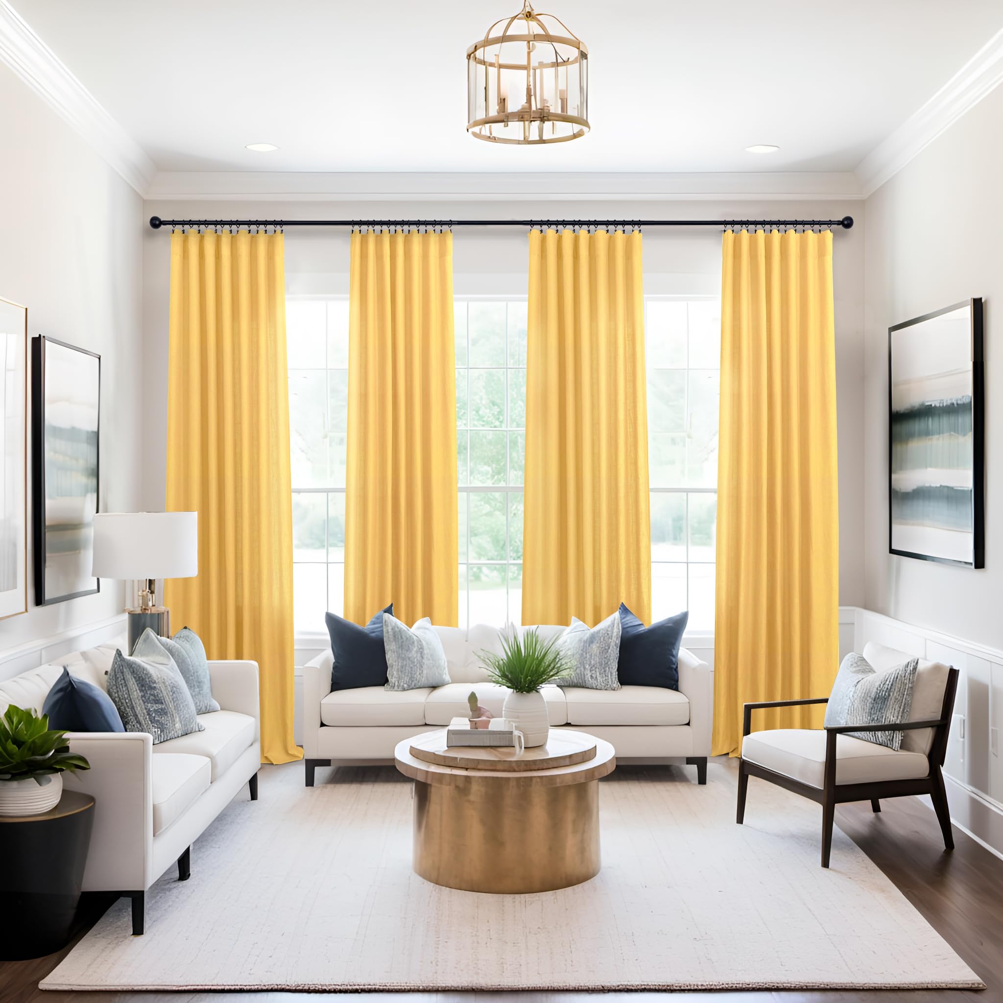 Golden Yellow Linen Curtains 96 Inches Long For Living Room 2 Panels Pair Set Rod Pocket Fall Drape Semi Sheer Light Filter Mustard Yellow Gold Curtain For Bedroom Dining Office Warm Sunflower Colored