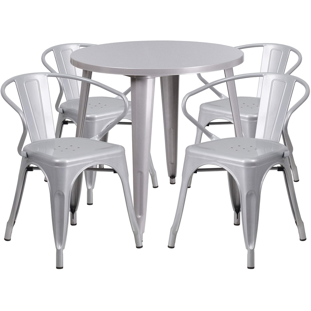 Flash Furniture Commercial Grade 30" Round Silver Metal Indoor-Outdoor Table Set with 4 Arm Chairs