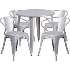 Flash Furniture Commercial Grade 30" Round Silver Metal Indoor-Outdoor Table Set with 4 Arm Chairs
