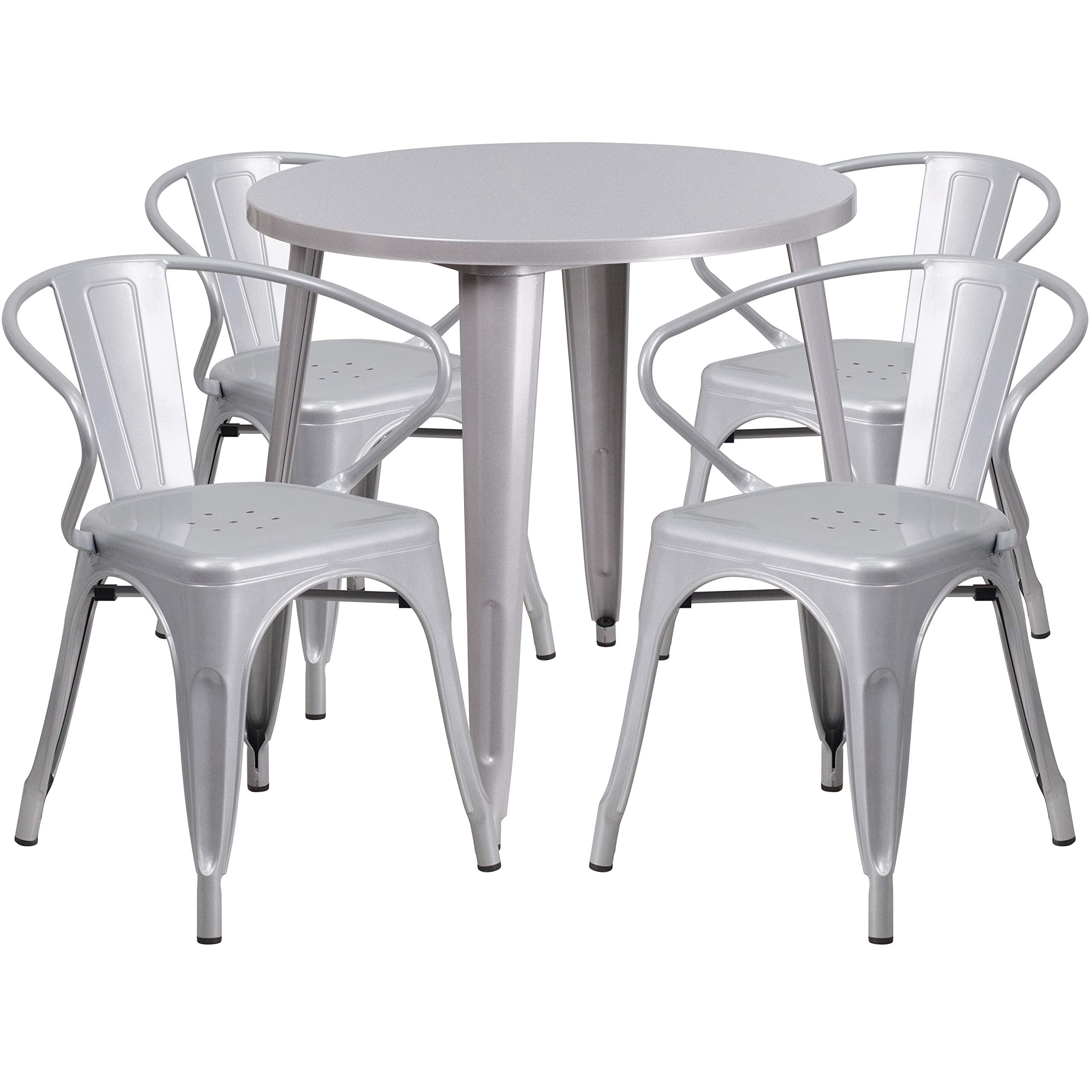 Flash Furniture Commercial Grade 30" Round Silver Metal Indoor-Outdoor Table Set with 4 Arm Chairs
