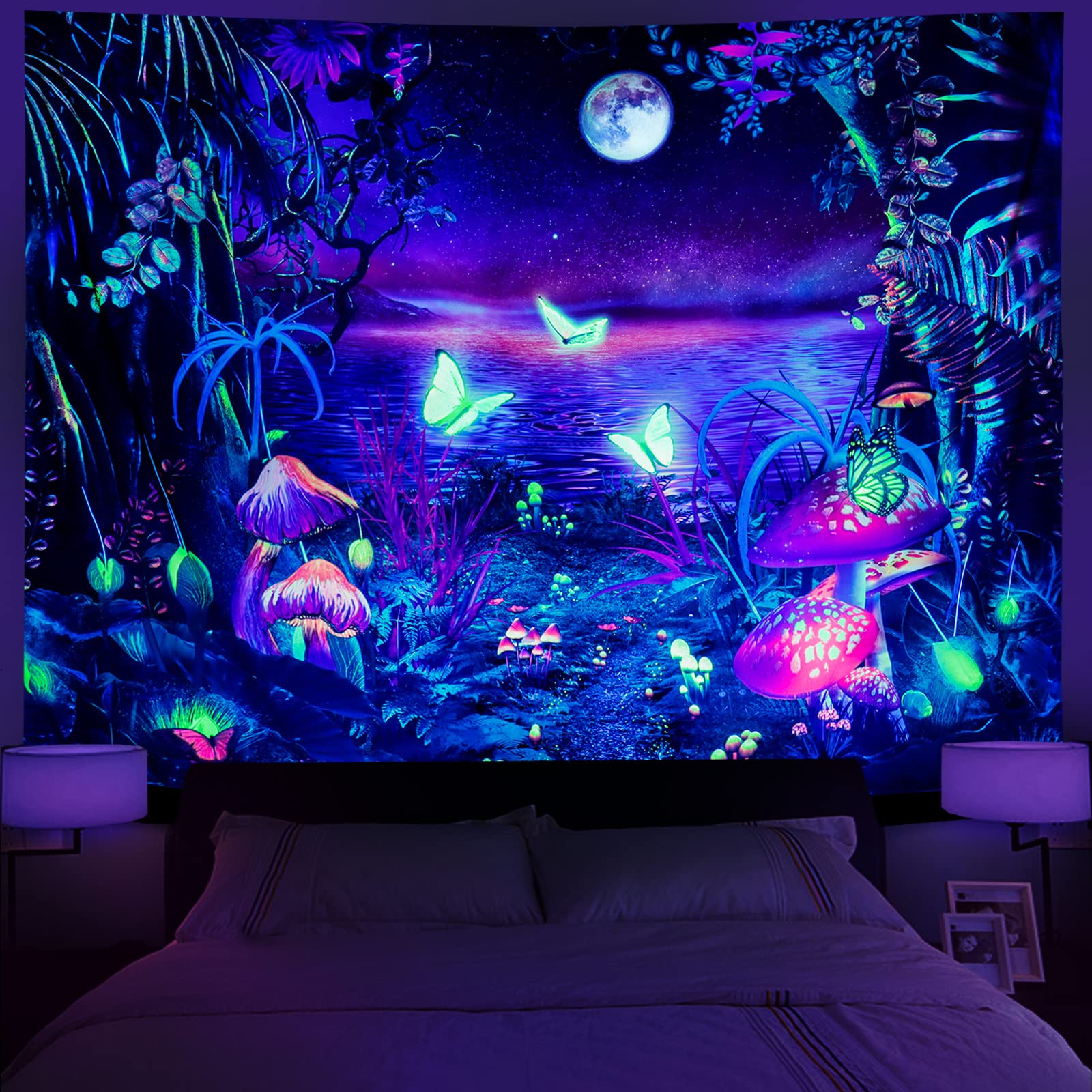 Serborlur Blacklight Fantasy Forest Tapestry Aesthetic Moon Tapestry Uv Reactive Butterfly Tapestries Galaxy Space Tapestry Wall