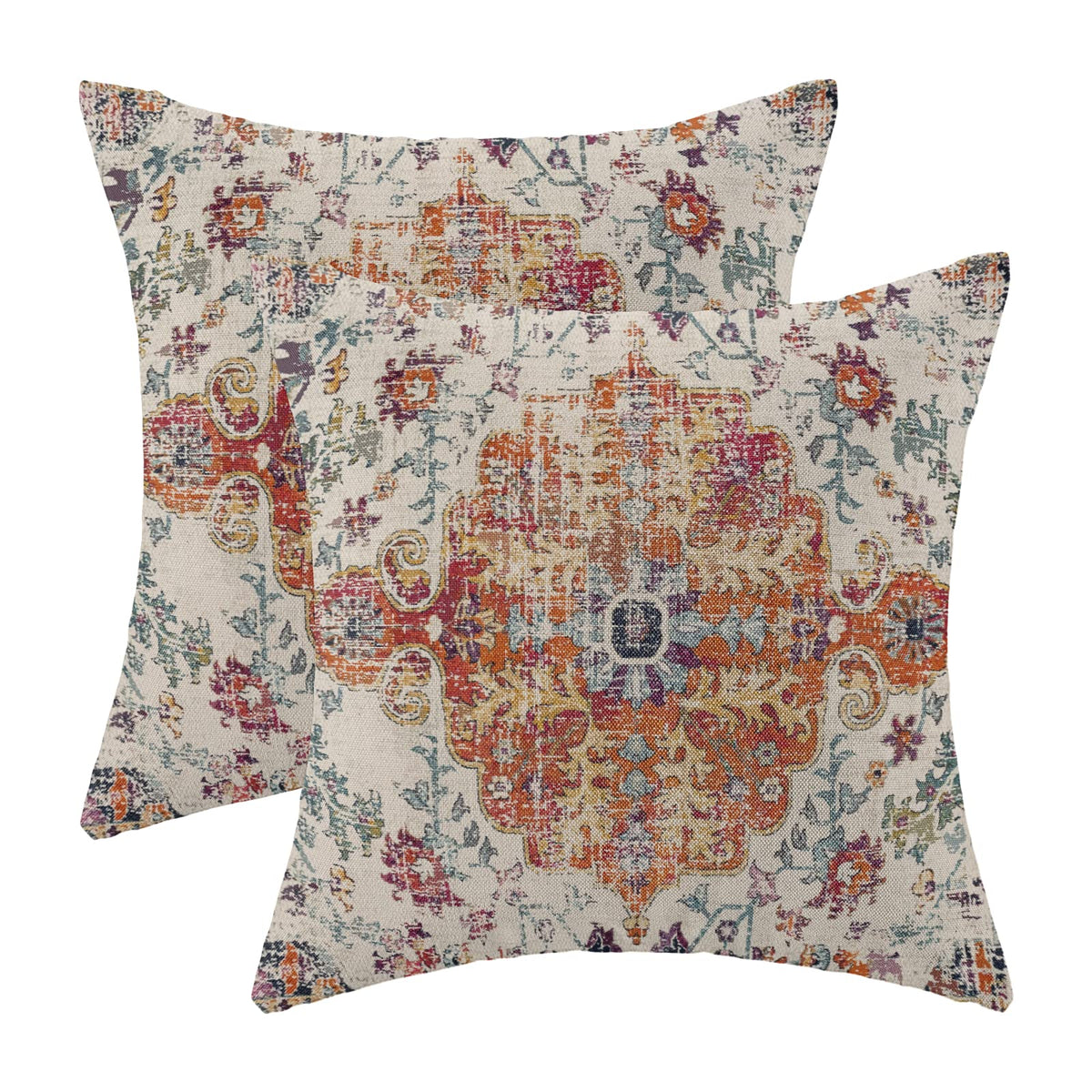 Gohdiwh Burnt Orange Blue Boho Pillow Covers 18X18 Set Of 2, Ethnic Design Decorative Throw Pillows Linen Carpet Pattern Farmhou