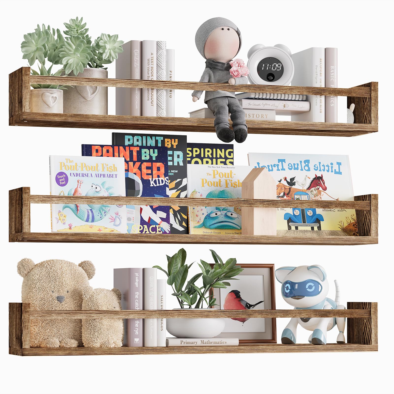 Fixwal Nursery Book Shelves For Kids Rooms, 23.6 Inch Floating Bookshelves For Wall Set Of 3, Baby Nursery Decor, Solid Wood Wall Mounted Shelves For Books (Brown)