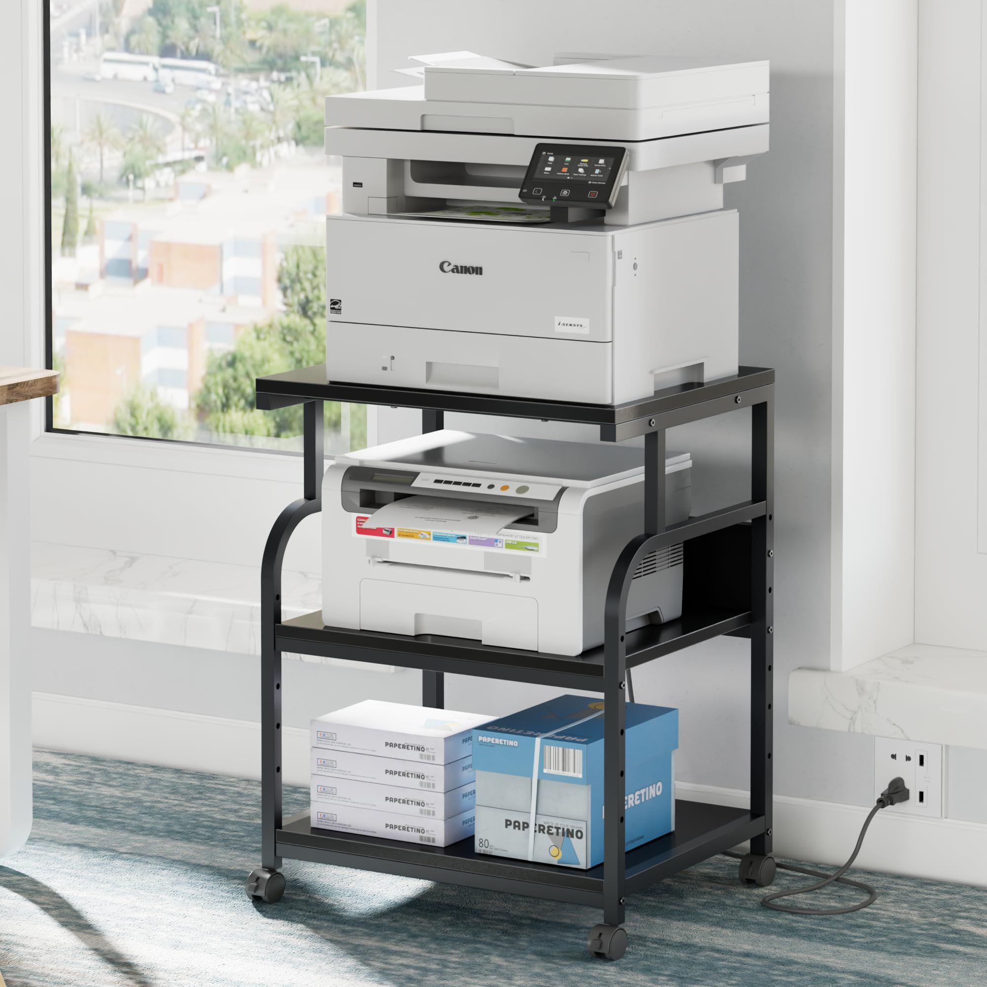 Vecelo Large Printer Stand With Power Outlet, 18.9'X23.6'X30.2' 3-Tier Rolling Cart With 5-Level Adjustable Shlef & Lockable