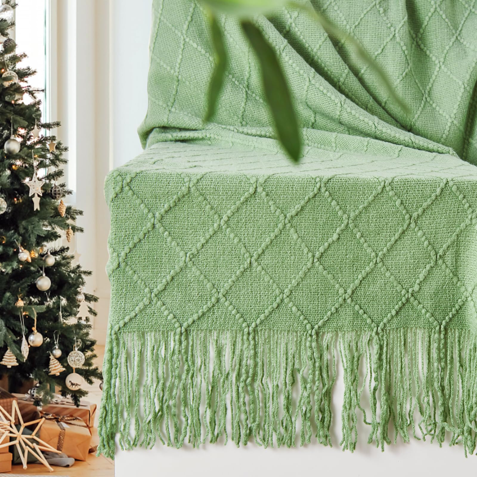 Inhand Knitted Throw Blankets For Couch And Bed, Soft Cozy Knit Blanket With Tassel, Basil Green Lightweight Decorative Blankets