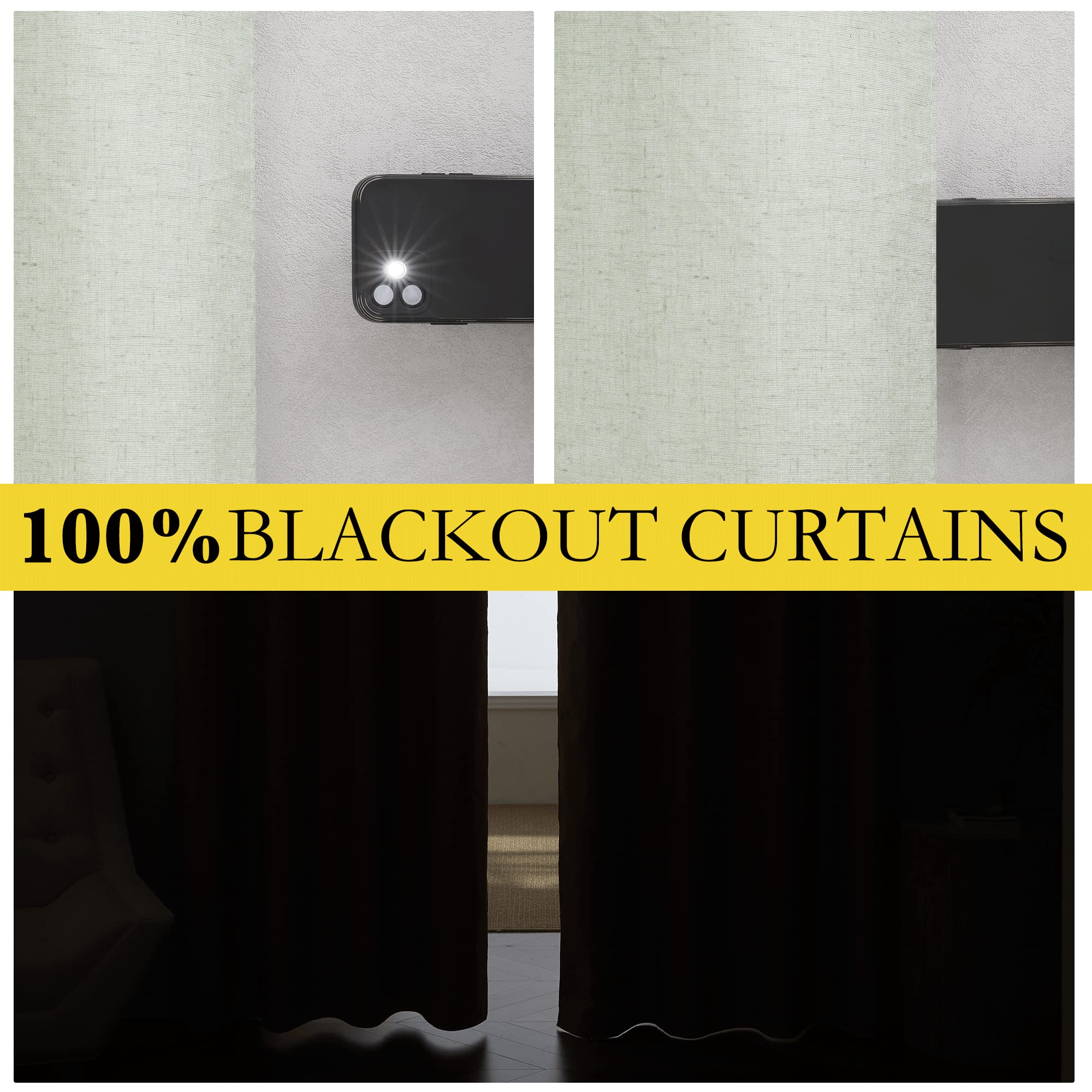 Nicetown Sage Green High-End Thermal Flax Linen Curtains, 52' Wide Per Panel, Set Of 2, Full Blackout Privacy Drapes 72 Inches Long For Dining Room, Soundproof Window Treatment Panels For Hall Room