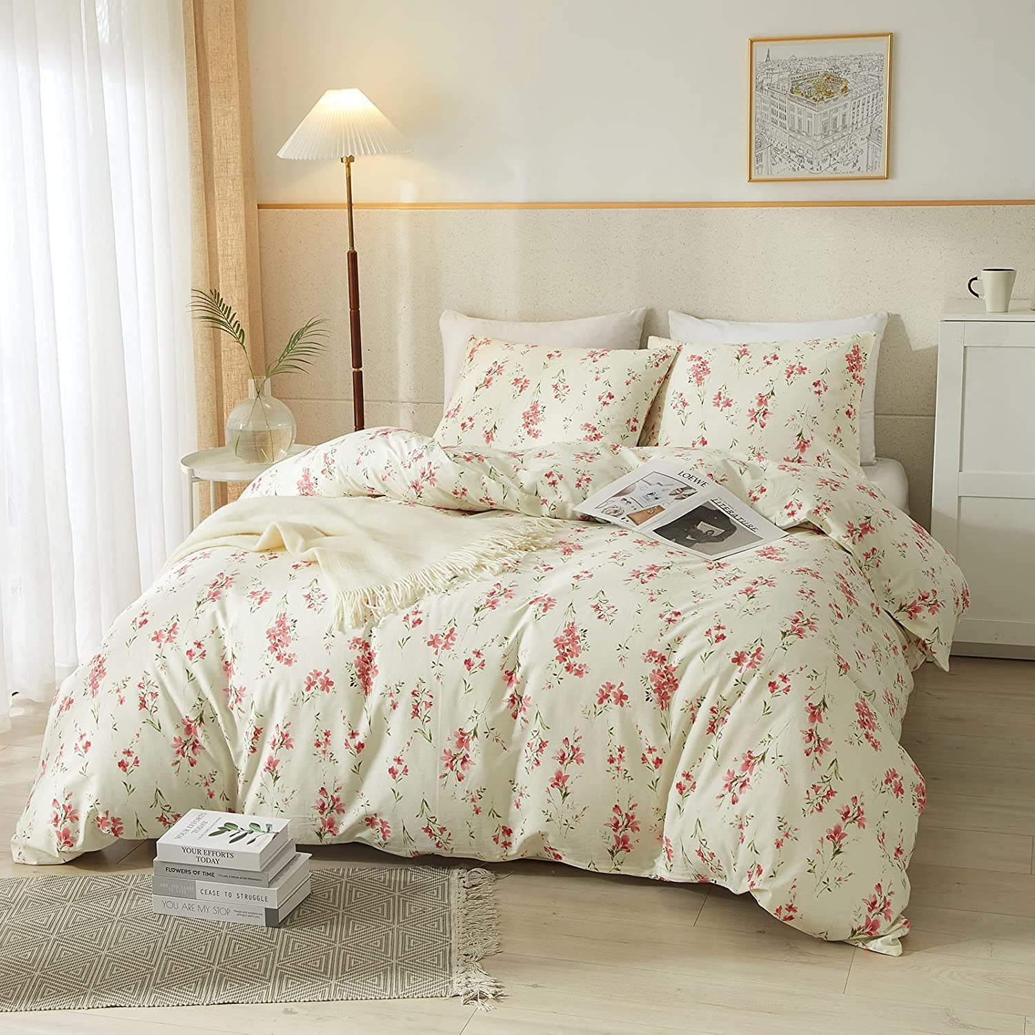 Boho Floral Duvet Cover Queen Soft Cotton Pink Floral Bedding Set Chic Garden Style Cute Flower Pattern Duvet Cover Vintage Flor