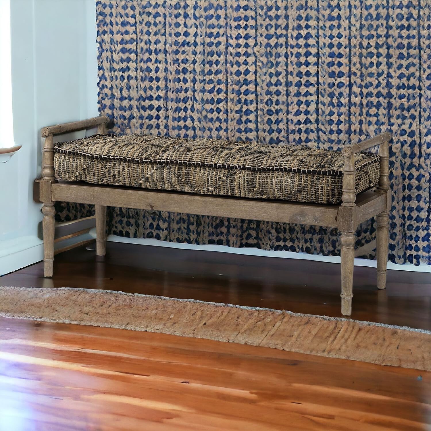 HomeRoots Rectangular Indian Mango Wood/Light Brown and Grey W/Jute Patterned Top Accent Bench