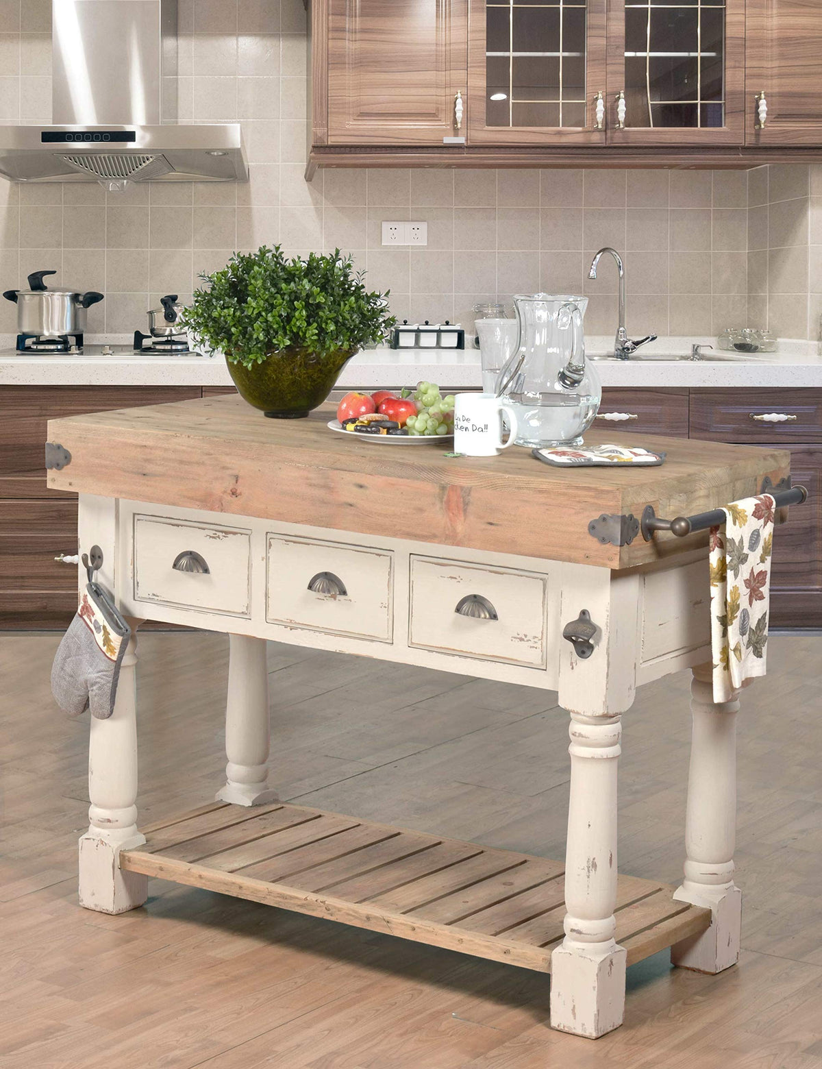 Afd Home Farmhouse Island Work Console White Chalk And Natural Table