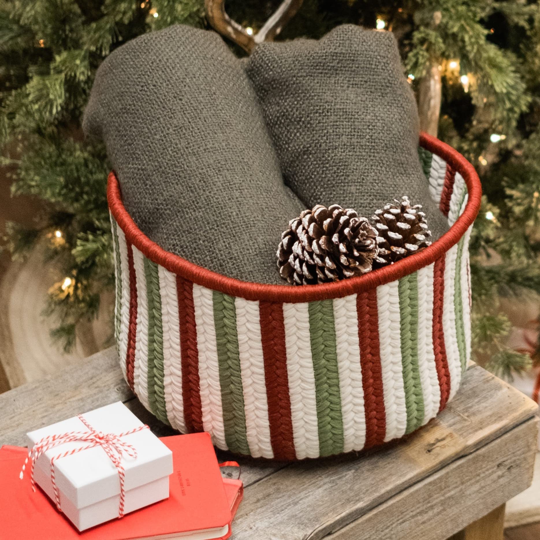Colonial Mills Comet Stripe Christmas Decorative Braided Basket, 12&Quot;X12&Quot;X8&Quot;, Red Multi