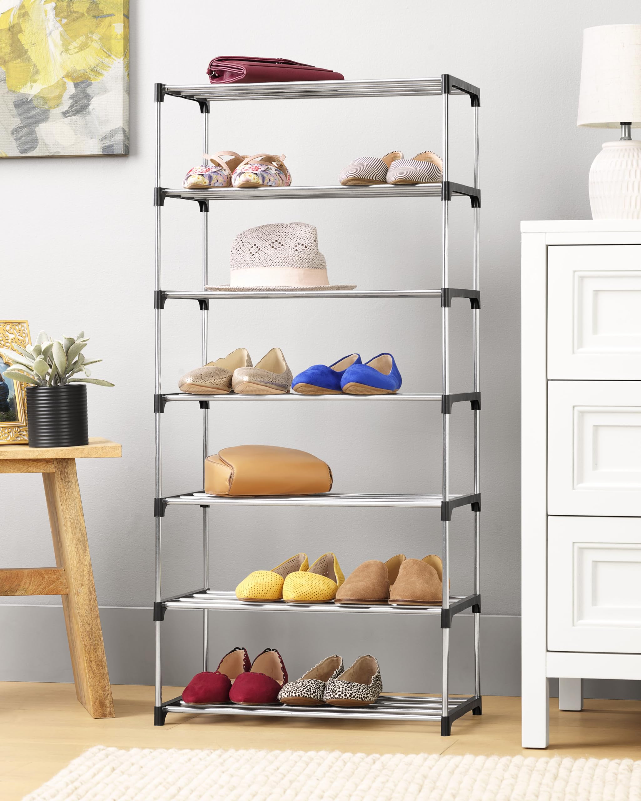 Whitmor 7-Tier Shoe Rack - Small Space Solution - Store up to 14 Pairs of Shoes - Organize Shoes & Accessories - Chrome & Black