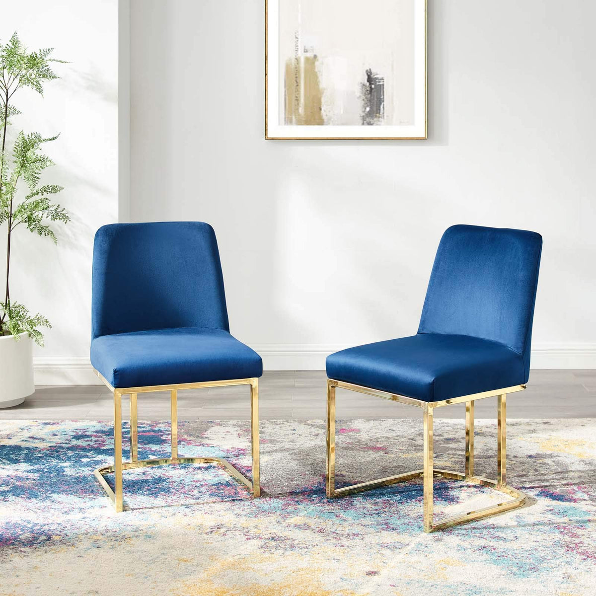 Modway Amplify Sled Base Performance Velvet Dining Side Chair - Set of 2 in Gold Navy