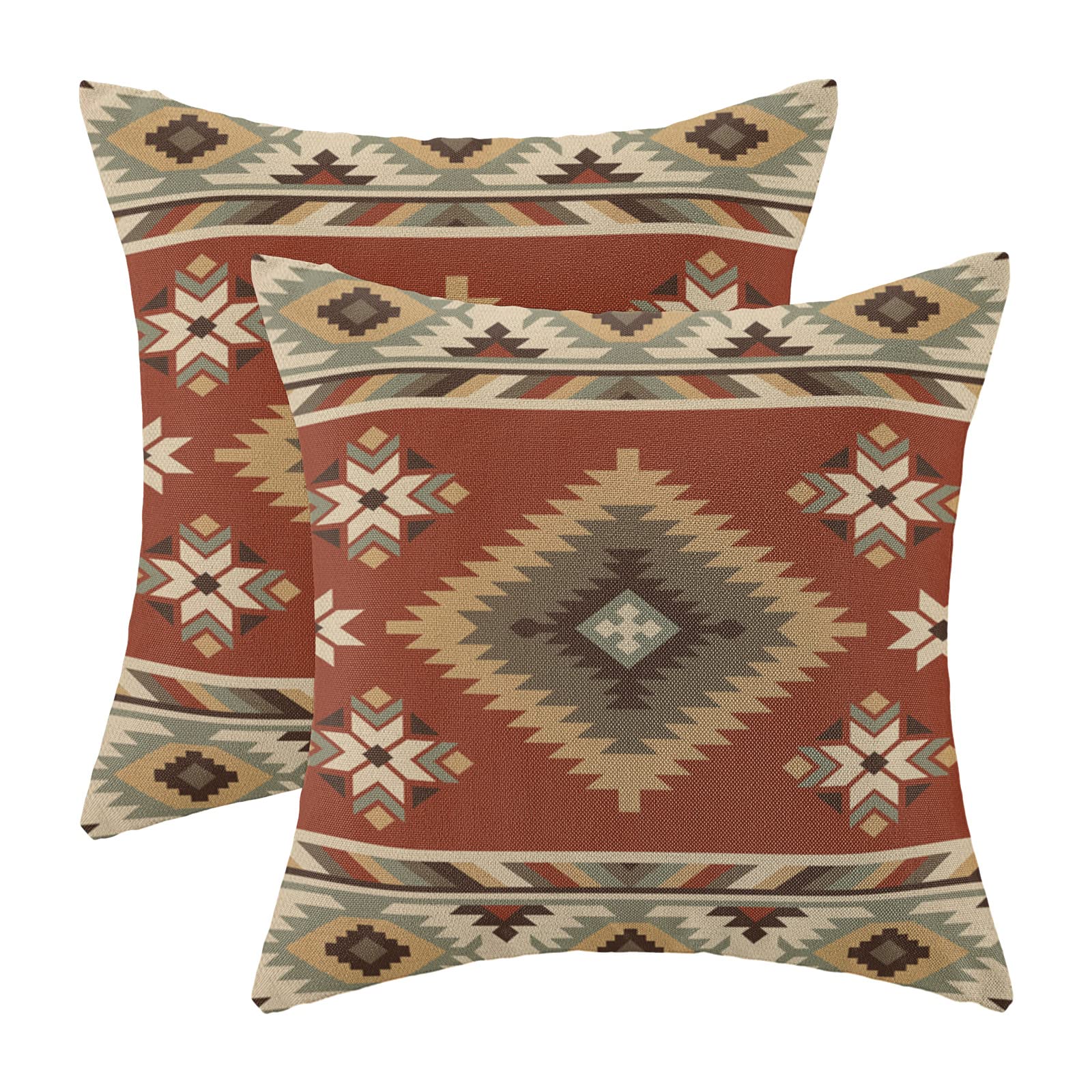 Boho Aztec Pillow Covers 20 X 20 Inch Set Of 2 Western Native American Red Brown Turquoise Geometry Decor Throw Pillows Southwes