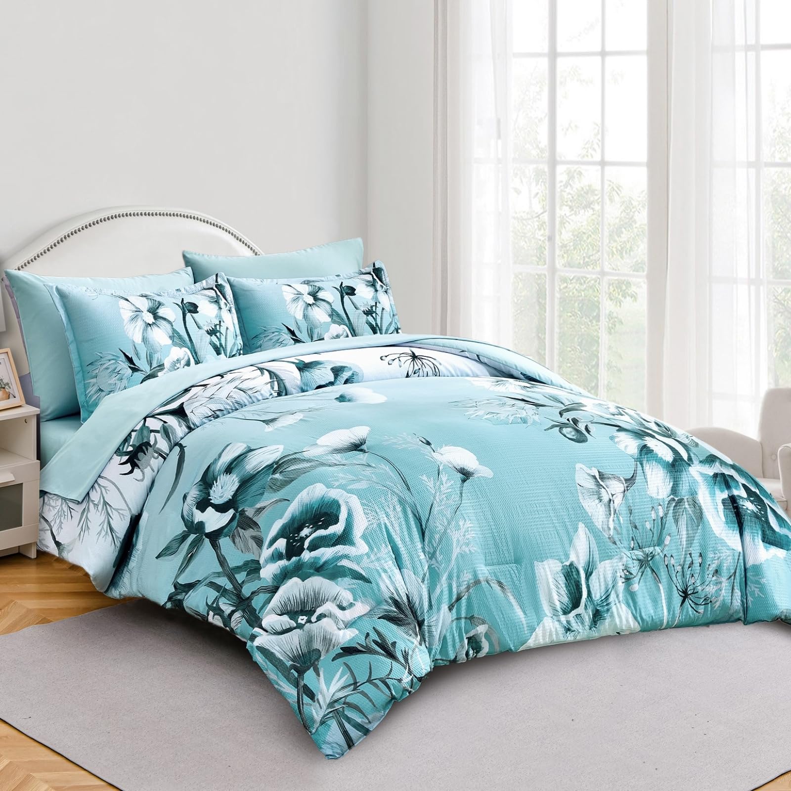 Luxudecor Floral Comforter Set King Size 7 Piece, Aqua Flower Bed In A Bag, Elegant Gradient Floral Comforter With Sheet Set, So