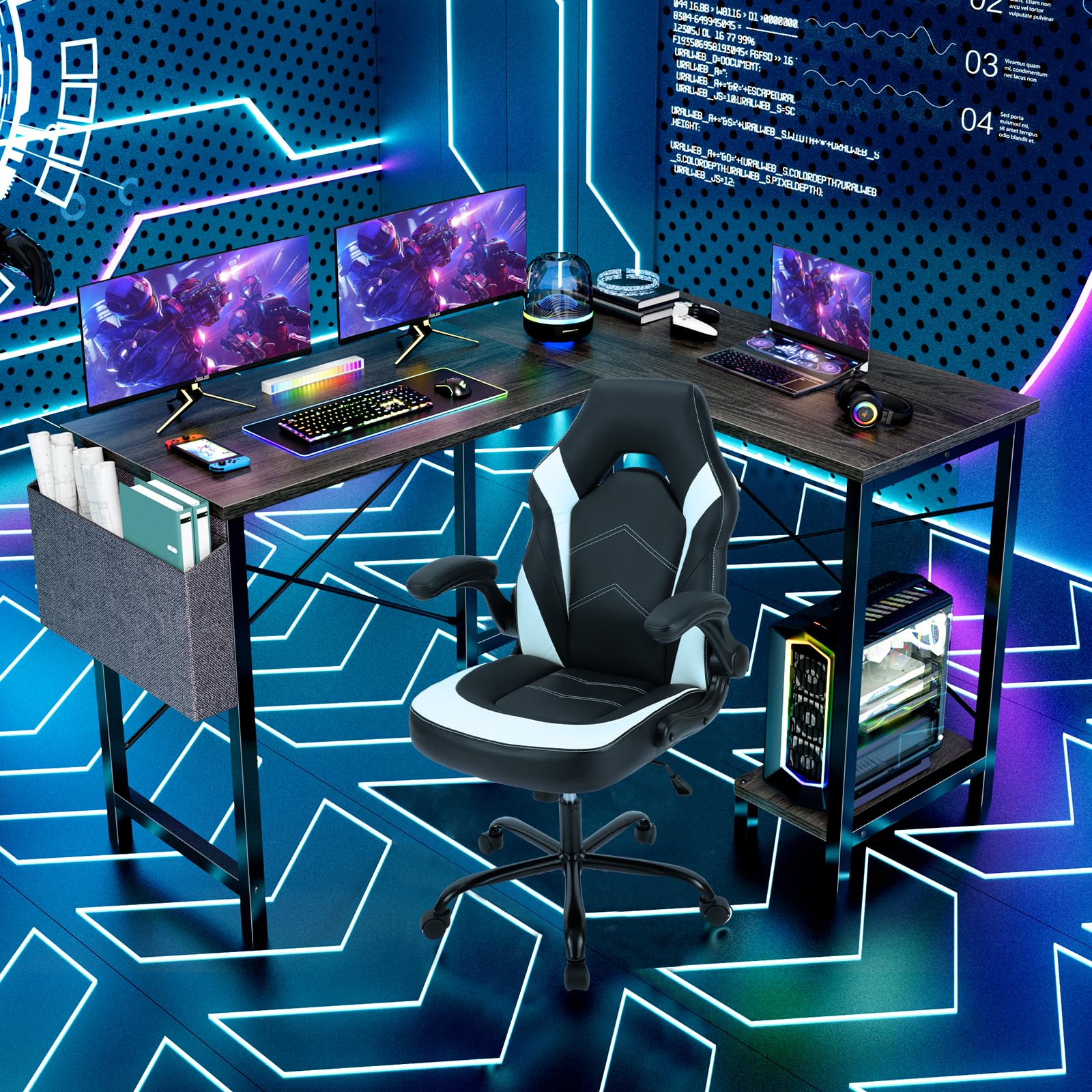 Sweetcrispy L Shaped Desk Gaming Computer 50 Inch Reversible Corner Pc Work Table For Writing Study Student With Wood Tabletop Metal Frame Cpu Stand Side Bag For Home Office Small Space, Grey