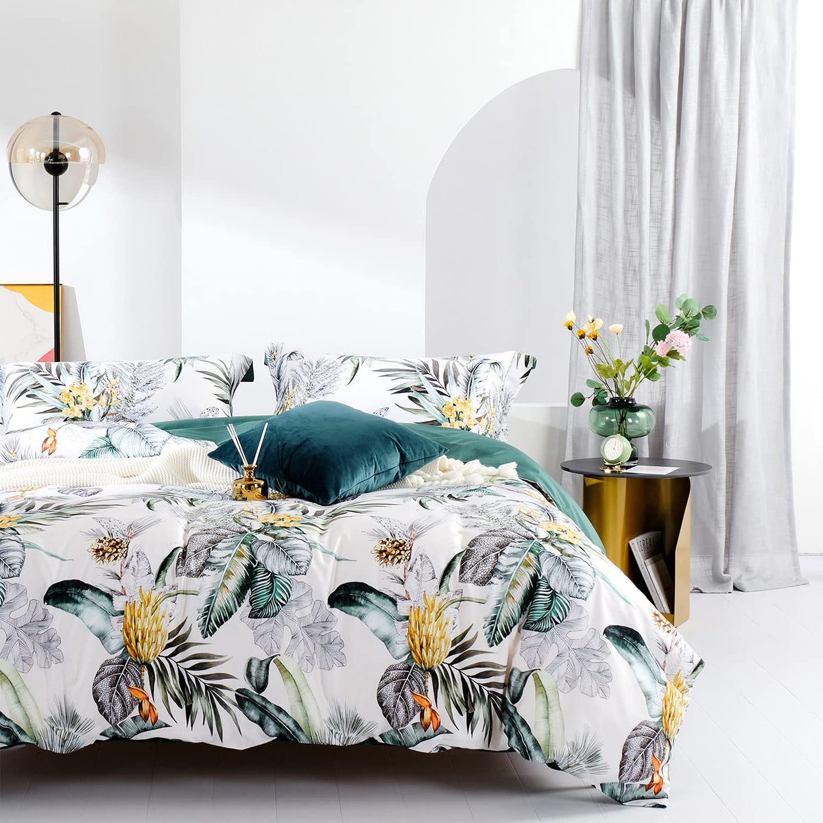 Mildly 100% Egyptian Cotton King Duvet Cover 3 Pieces Set Summer Tropical Plantain And Floral Pattern Printed Bedding Set With Z