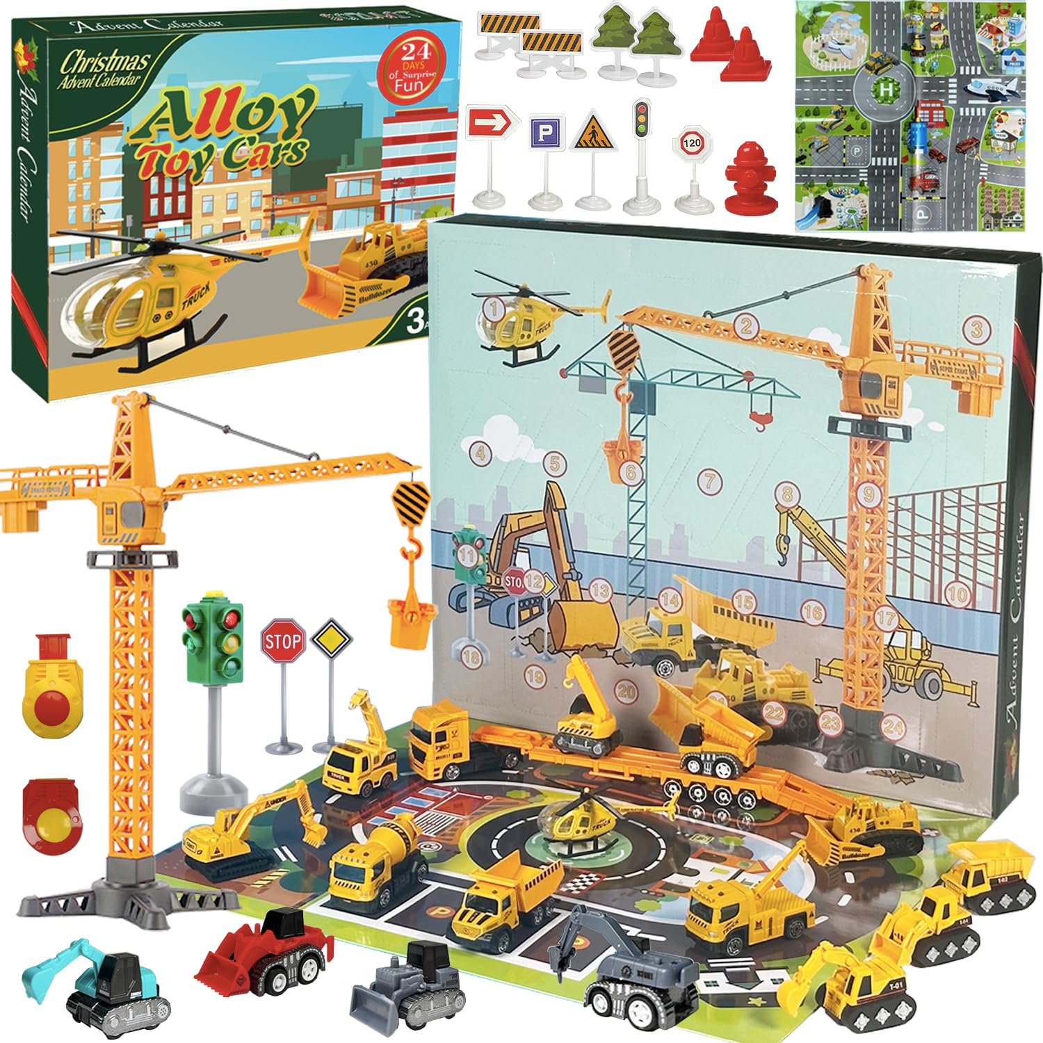 Advent Calendar 2024 Kids Boys - Alloy Construction Vehicles Toy Set - Christmas Engineering Playset Plus 2 Mats - Countdown Cal