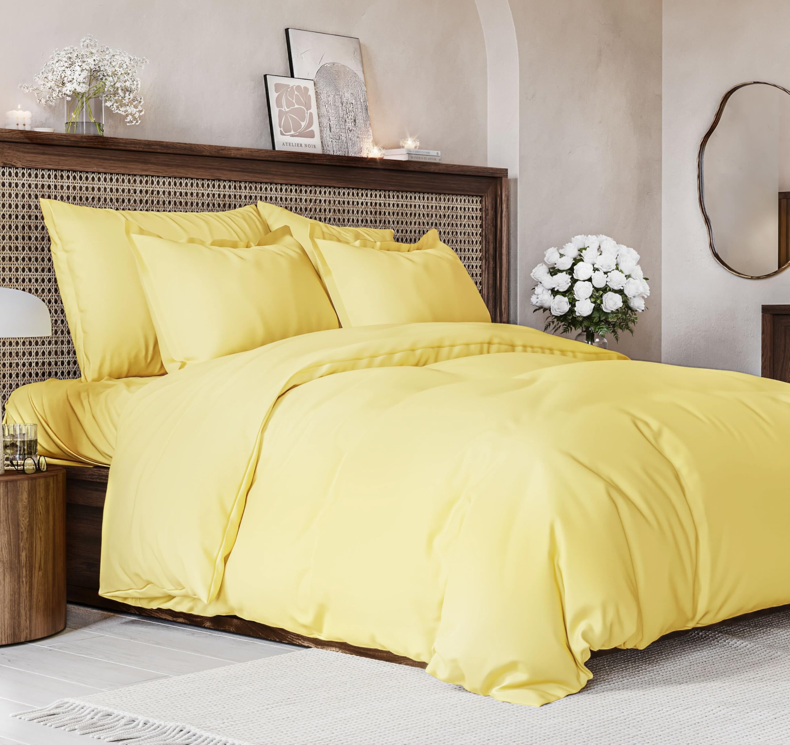Duvet Cover King Size Set - Extra Soft King Size Duvet Cover - 104' X 90' King Duvet Cover W/ 2 Pillow Shams - Hotel Luxury, Easy Care & Fade Free - Comforter Cover W/ Zipper Closures & Ties (Yellow)