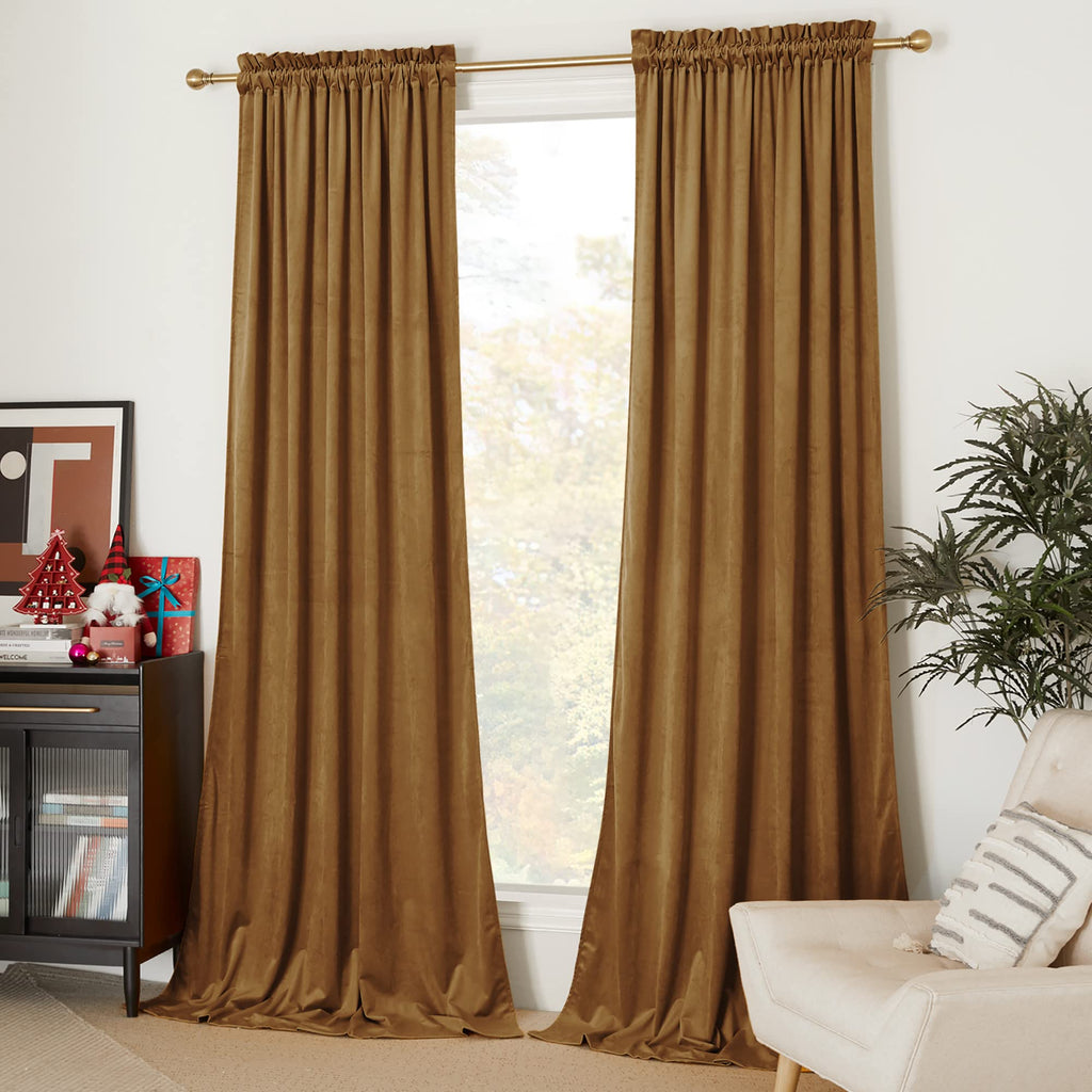 Nicetown Gold Brown Velvet Curtains (2 Panels, 52-Inch Wide X 108-Inch Long), Luxury And Soft Thermal Insulated Velvet Curtains