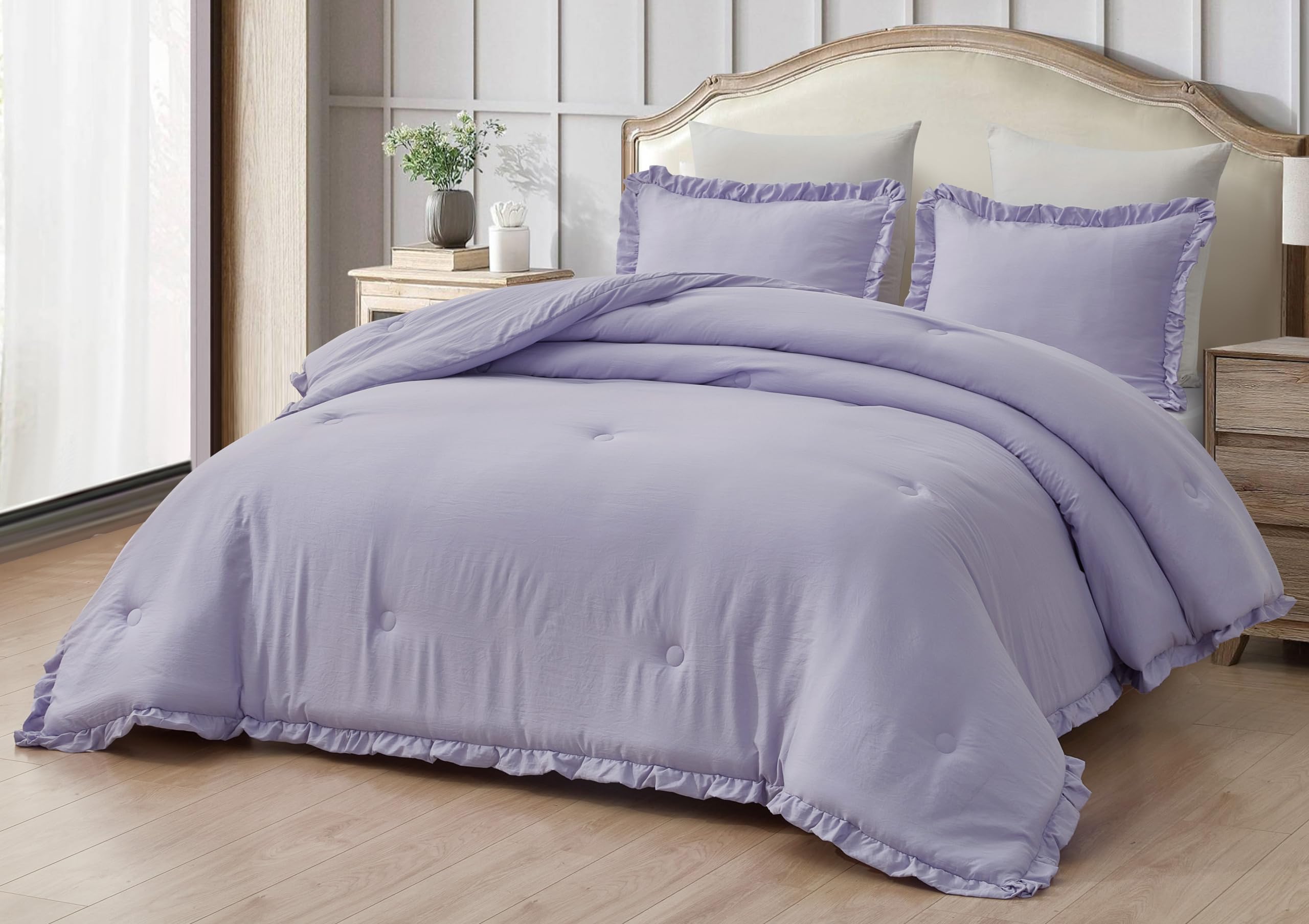 Chezmoi Collection Nora Lavender Comforter Set King Size 3-Piece Fluffy Soft Lightweight Bedding Ruffled Edge Trim Stone-Washed 