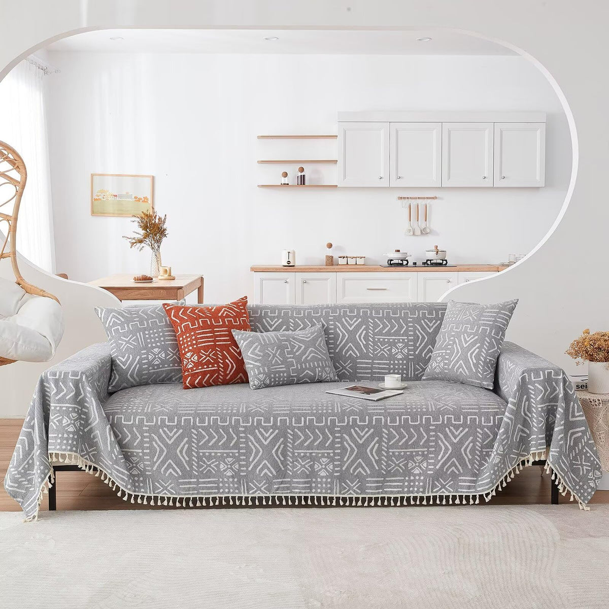 Vclife Boho Sofa Cover Modern White Grey Geometry Couch Cover For 3-4 Cushion Couch Sofa Skin-Friendly Soft Chenille Xxl Throw S