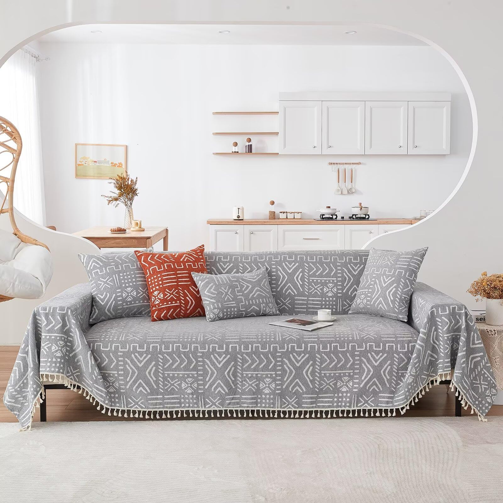 Vclife Boho Sofa Cover Modern White Grey Geometry Couch Cover For 3-4 Cushion Couch Sofa Skin-Friendly Soft Chenille Xxl Throw S