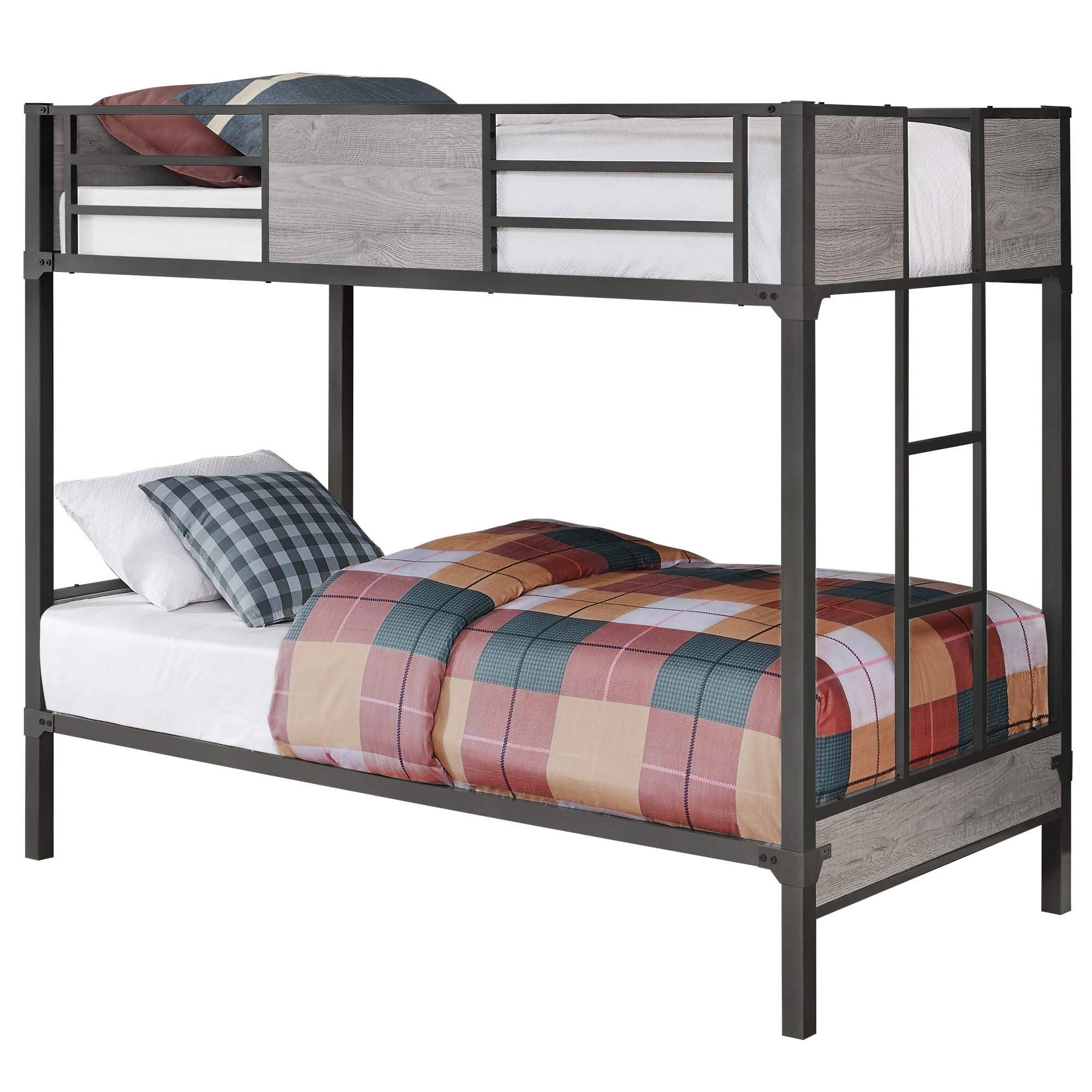 Monarch Specialties Twin Kids Bed with Stairs and Safety Rail Sturdy Metal Frame with Wood Panels Bunk, 65' H, Dark Grey